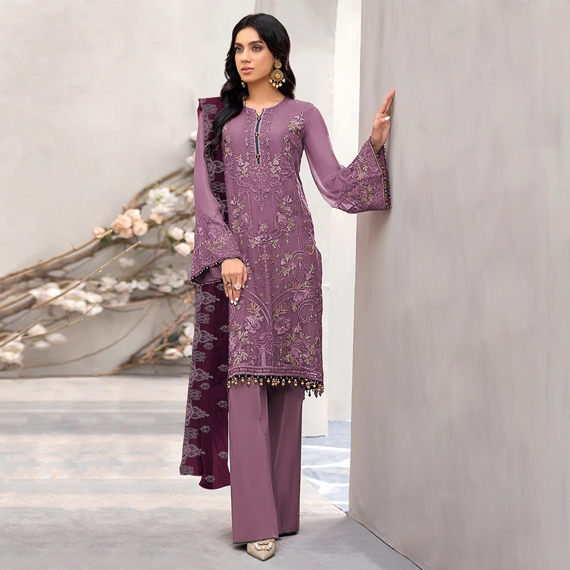 Mauve Floral Embroidered Georgette Semi Stitched Pakistani Suit