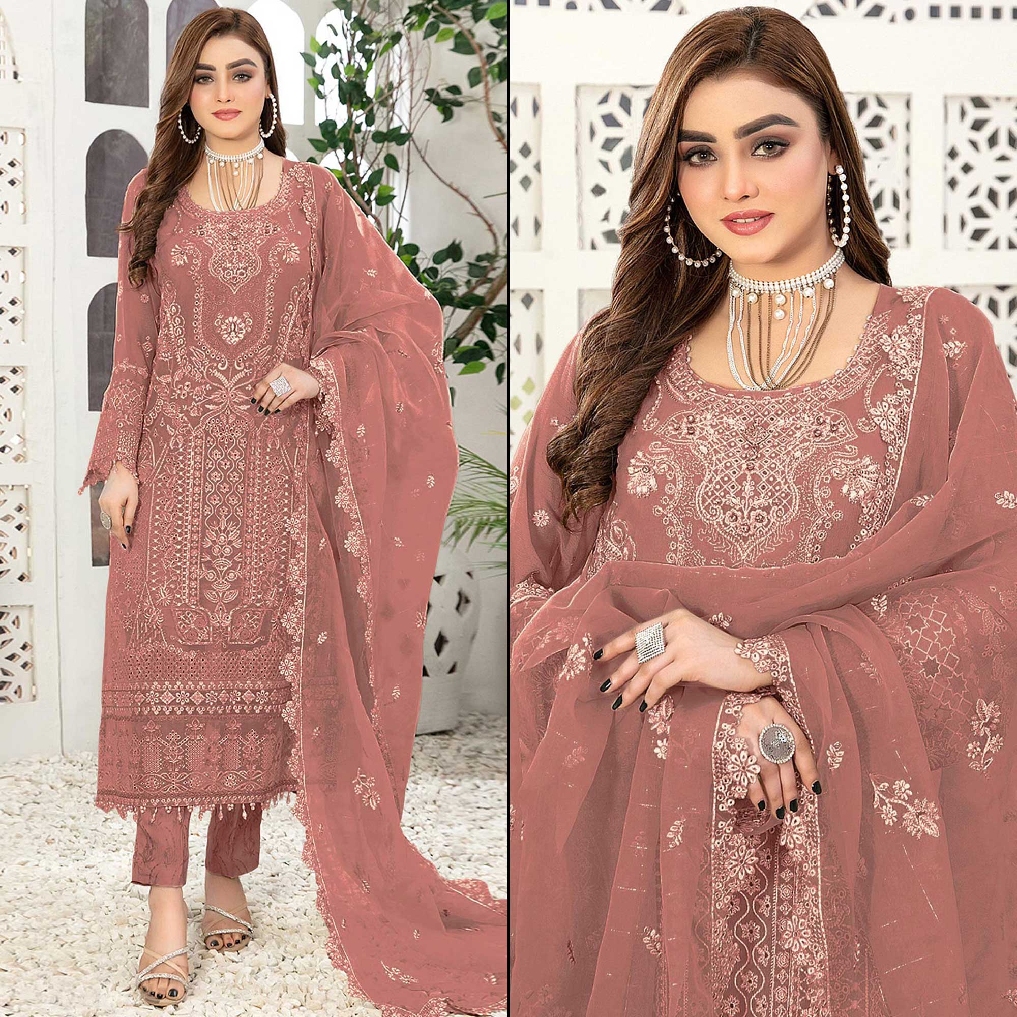 Dusty Peach Floral Embroidered Georgette Semi Stitched Pakistani Suit