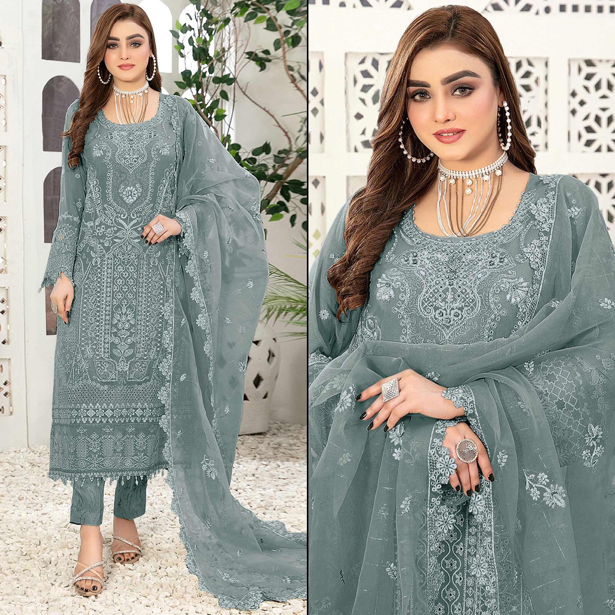 Blue Floral Embroidered Georgette Semi Stitched Pakistani Suit