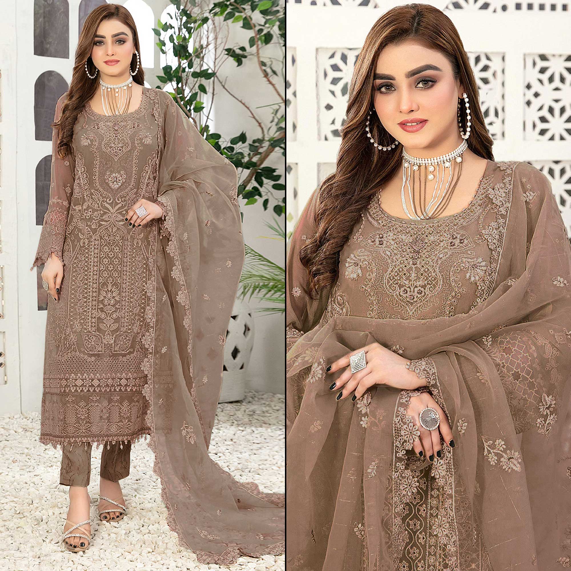 Beige Floral Embroidered Georgette Semi Stitched Pakistani Suit