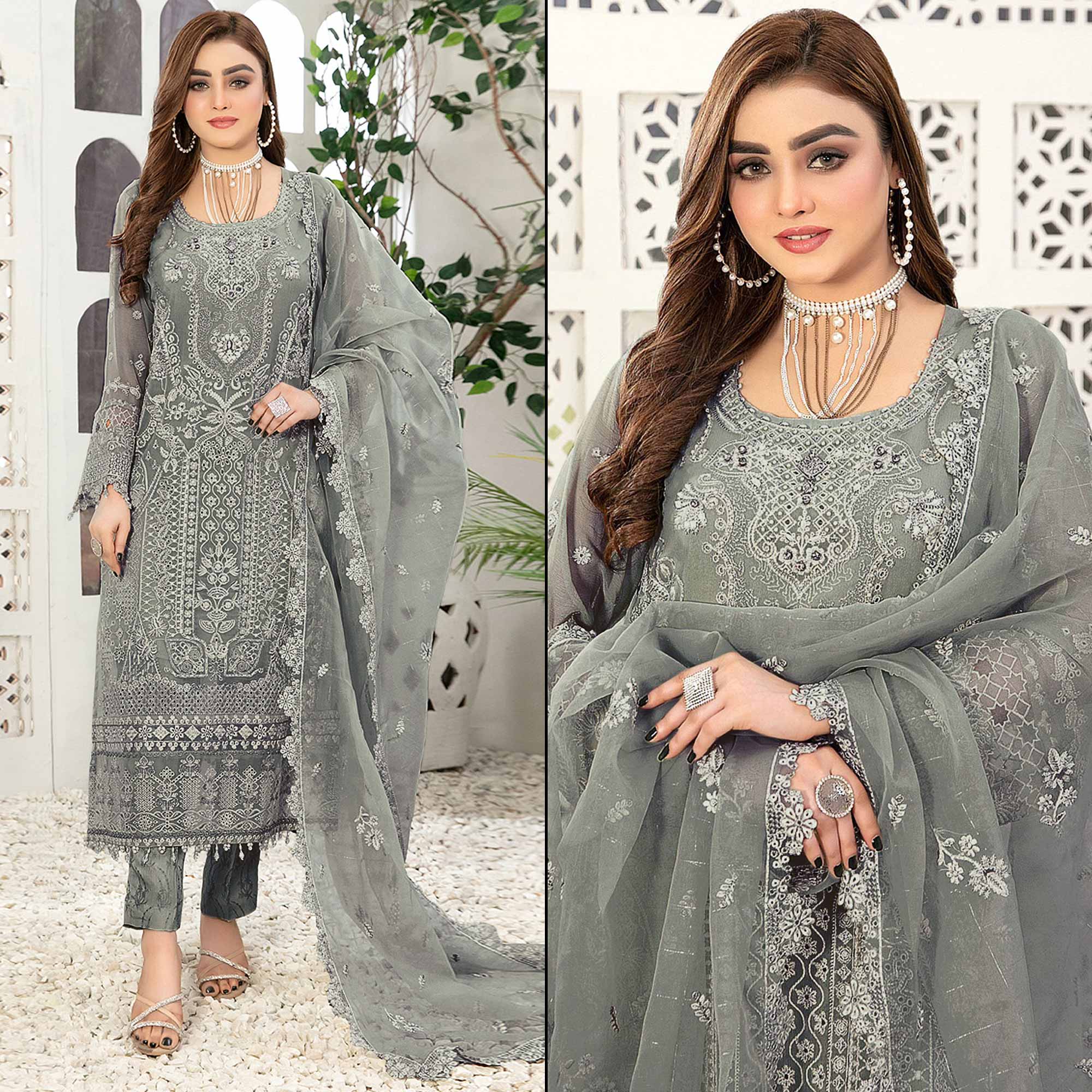 Green Floral Embroidered Georgette Semi Stitched Pakistani Suit