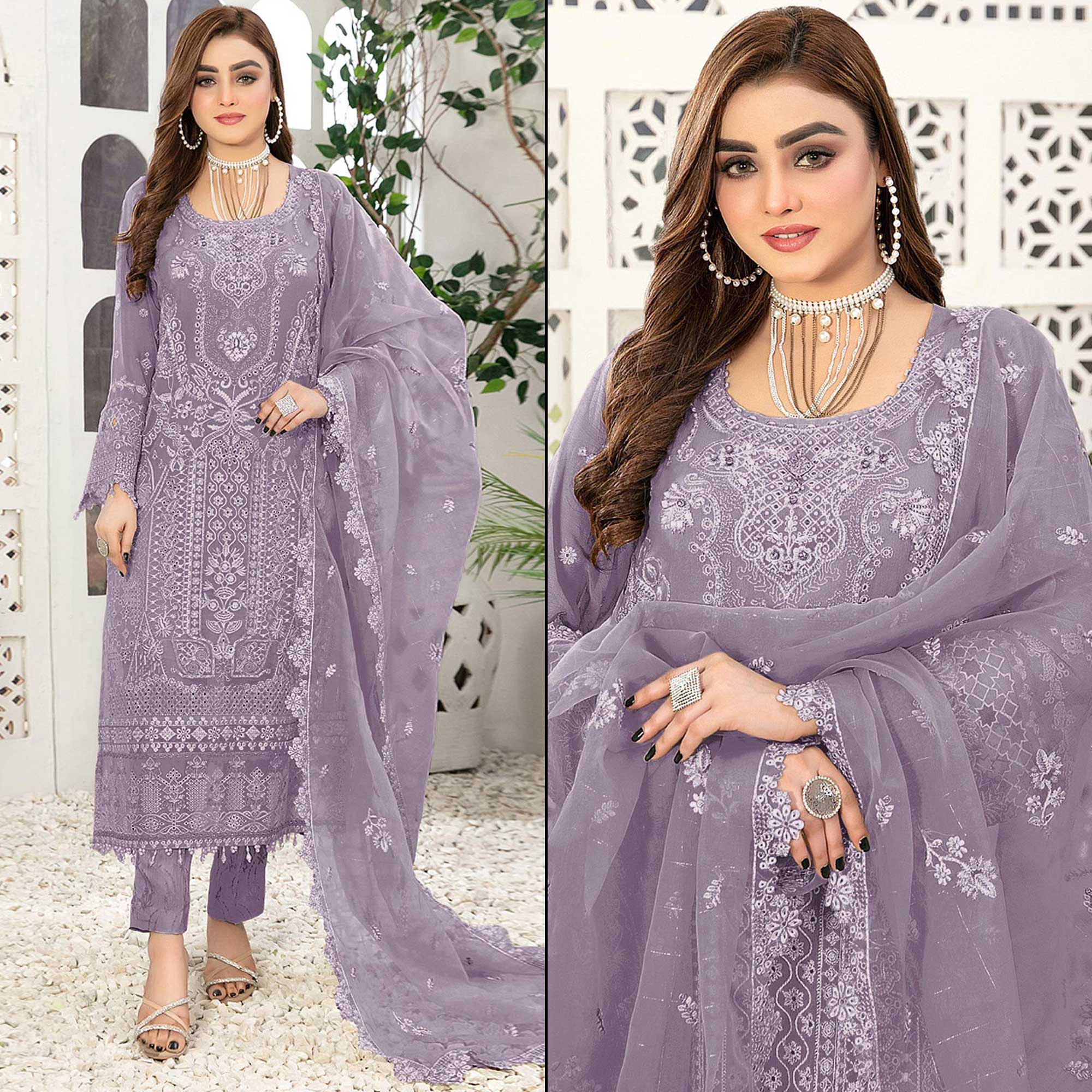 Purple Floral Embroidered Georgette Semi Stitched Pakistani Suit