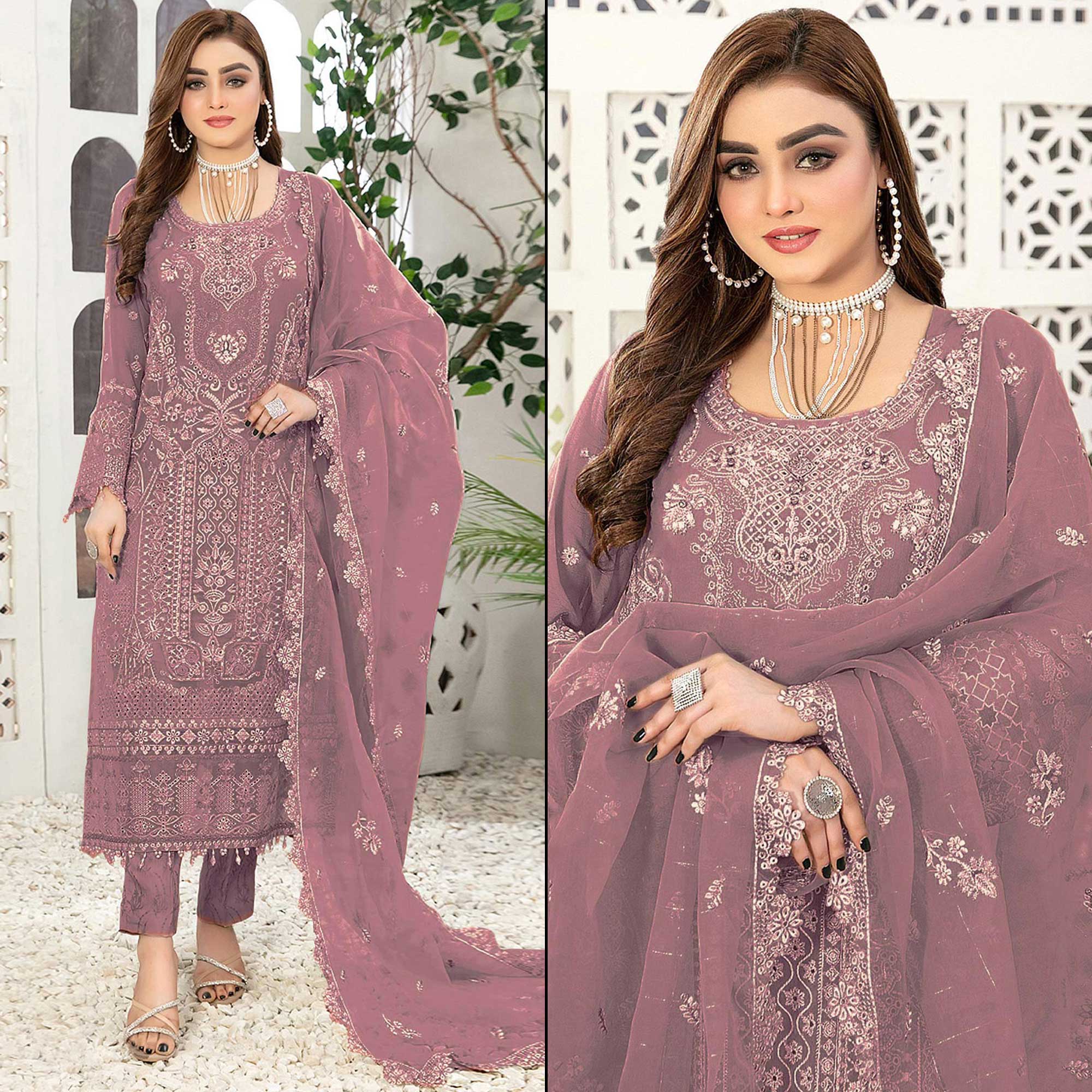 Mauve Floral Embroidered Georgette Semi Stitched Pakistani Suit