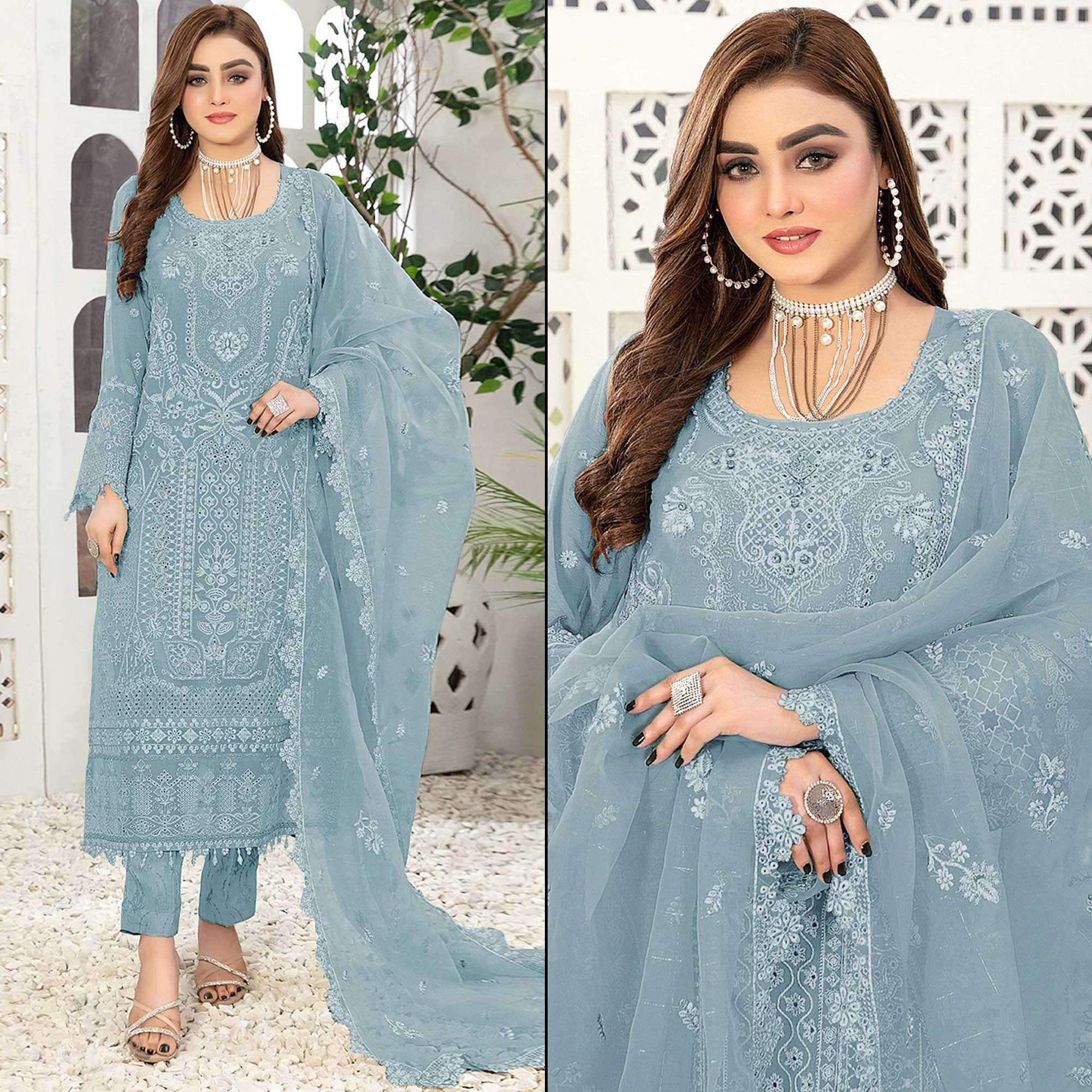 Sky Blue Floral Embroidered Georgette Semi Stitched Pakistani Suit