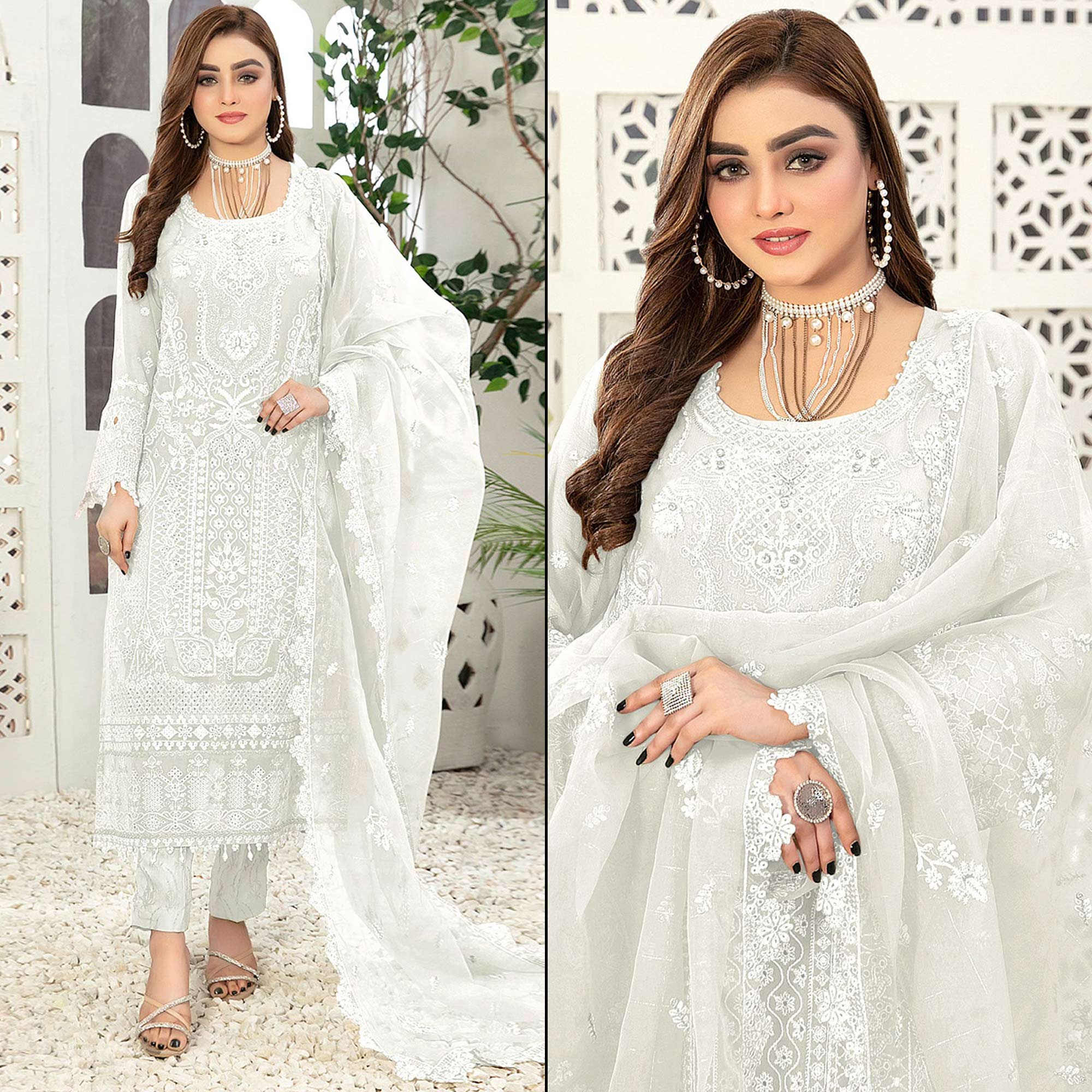 White Floral Embroidered Georgette Semi Stitched Pakistani Suit