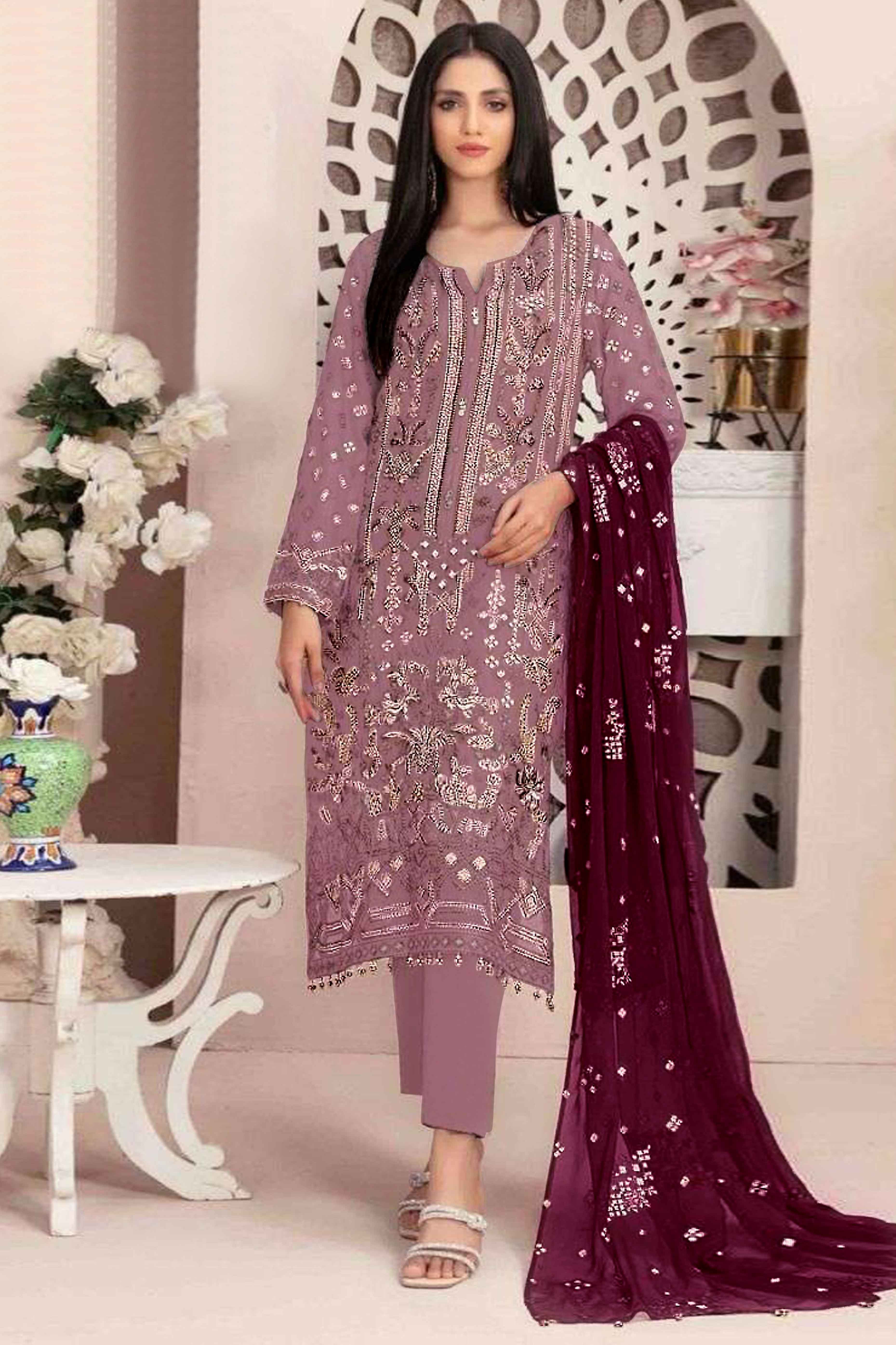 Mauve Floral Embroidered With Handwork Georgette Semi Stitched Pakistani Suit