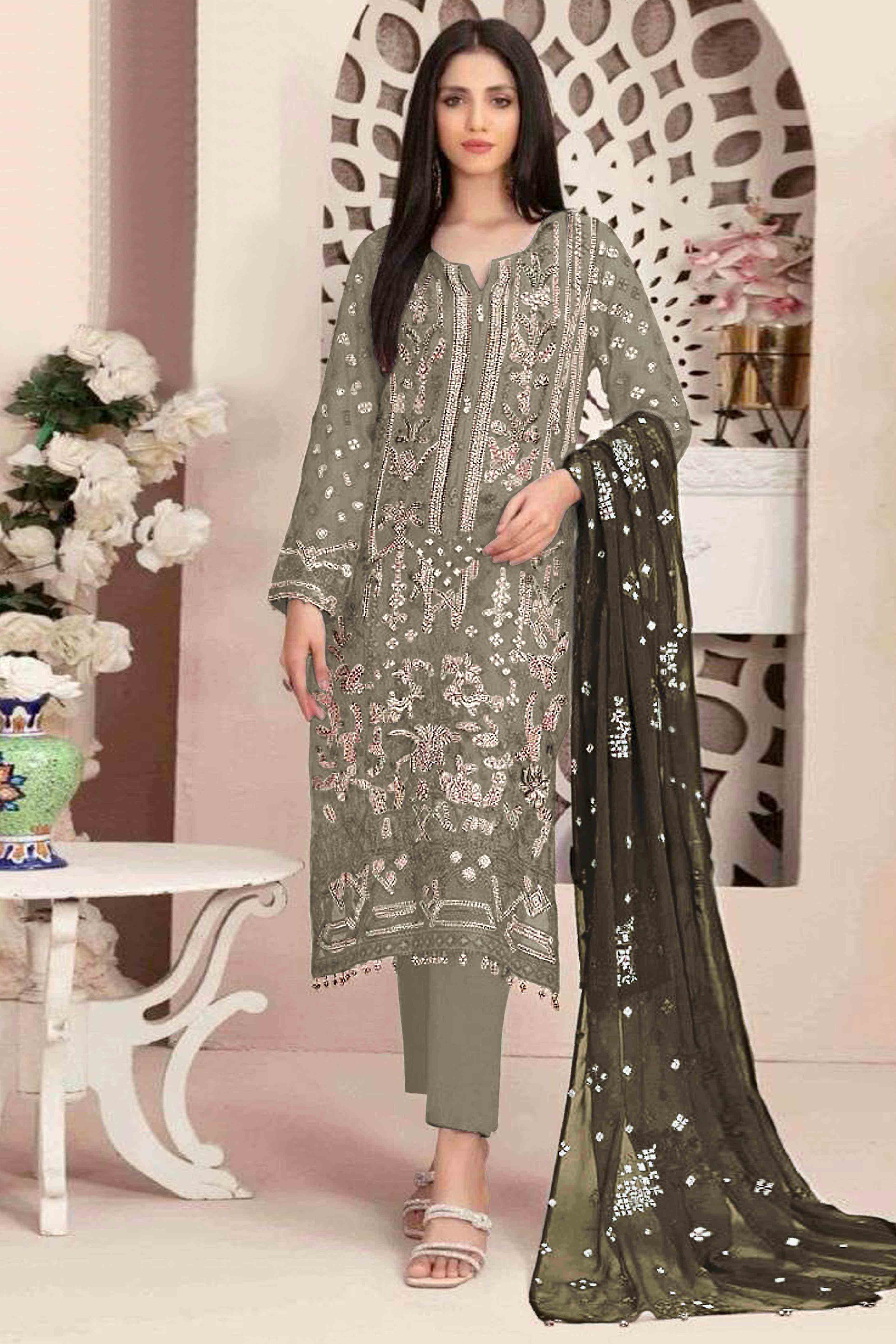 Green Floral Embroidered With Handwork Georgette Semi Stitched Pakistani Suit