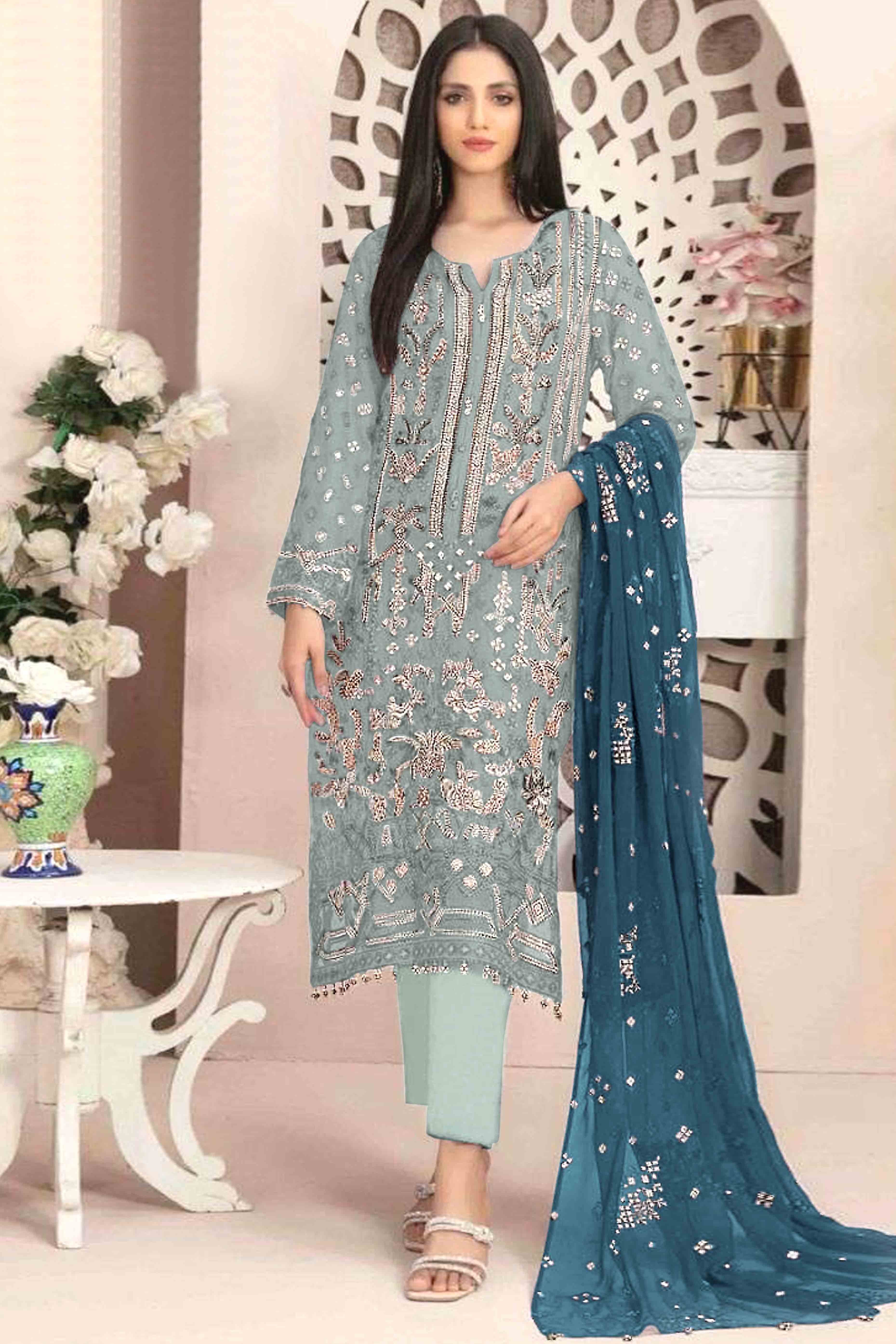 Blue Floral Embroidered With Handwork Georgette Semi Stitched Pakistani Suit