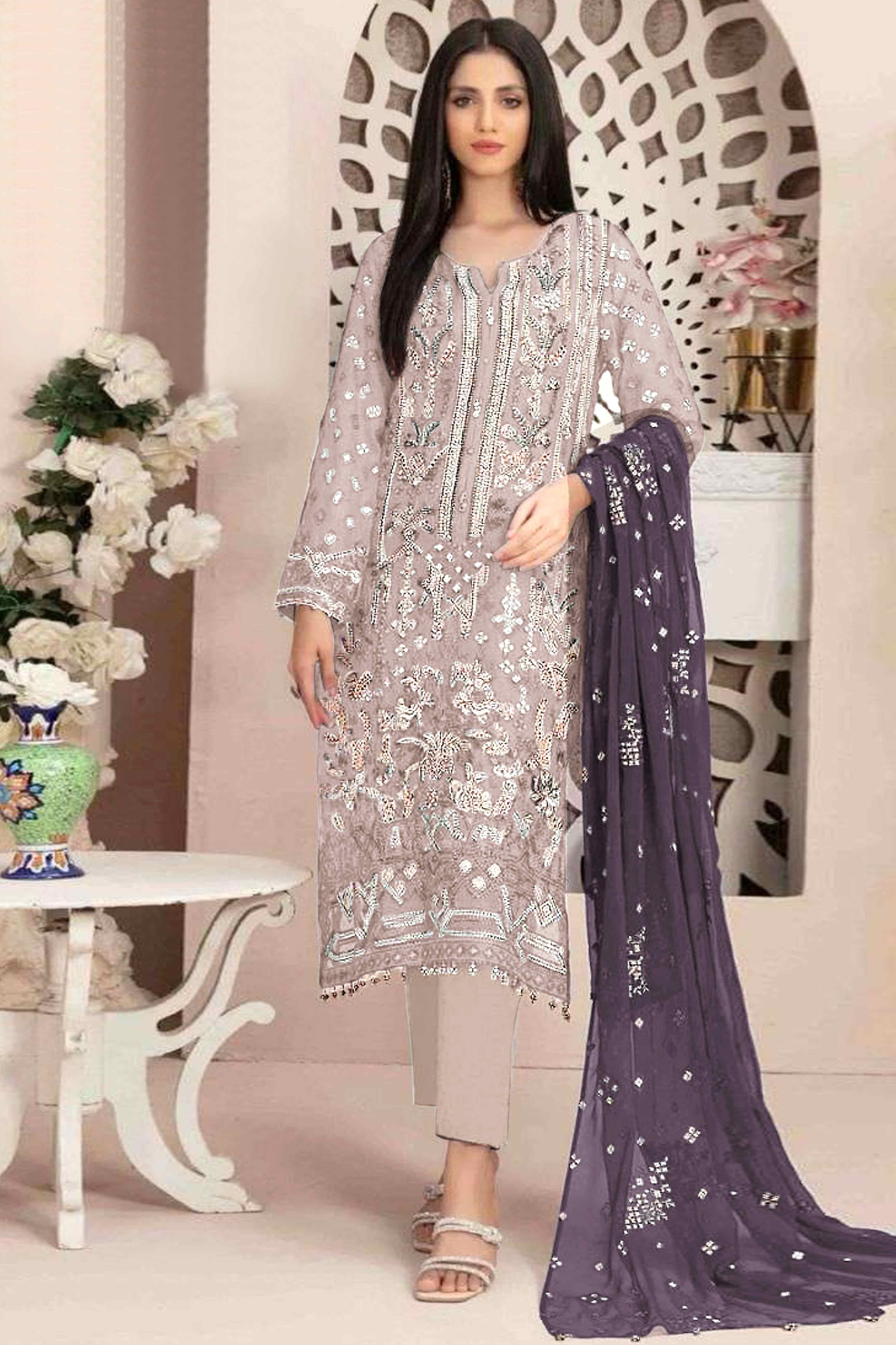 Light Coffee Brown Floral Embroidered With Handwork Georgette Semi Stitched Pakistani Suit