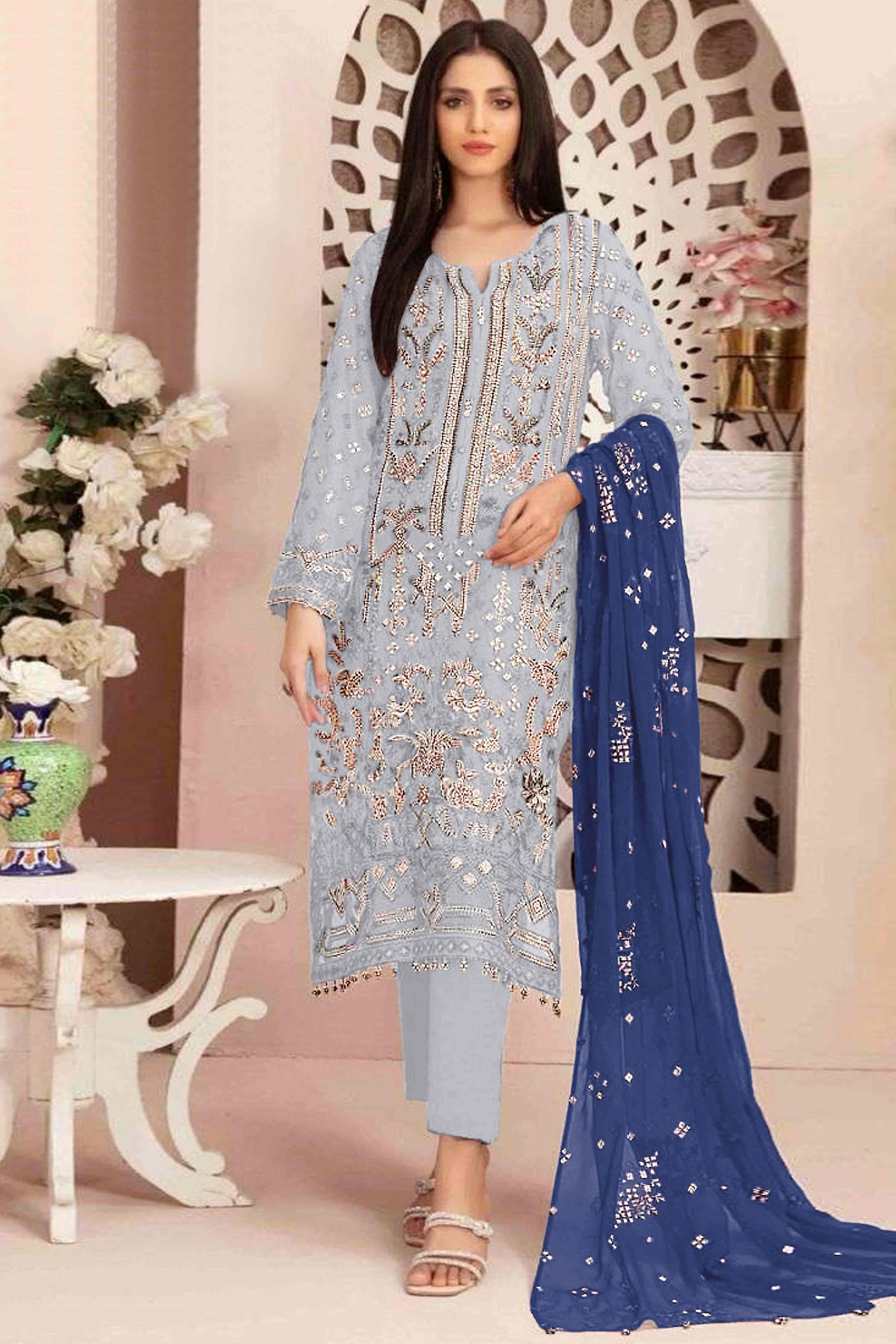 Greyish Blue Floral Embroidered With Handwork Georgette Semi Stitched Pakistani Suit