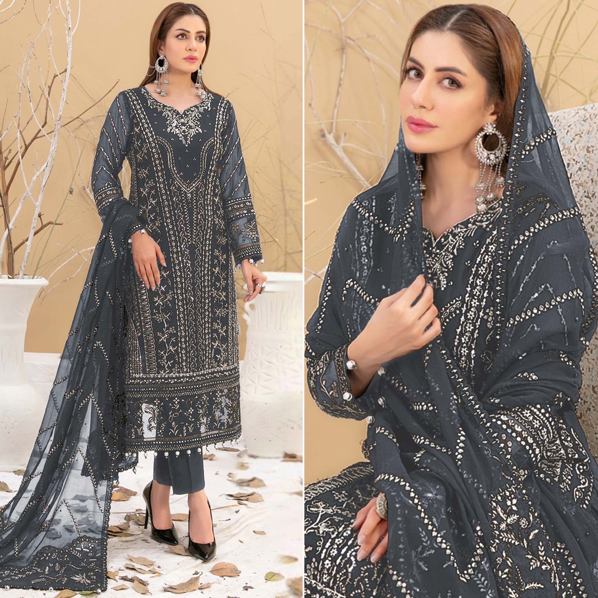 Grey Floral Embroidered Georgette Semi Stitched Pakistani Suit