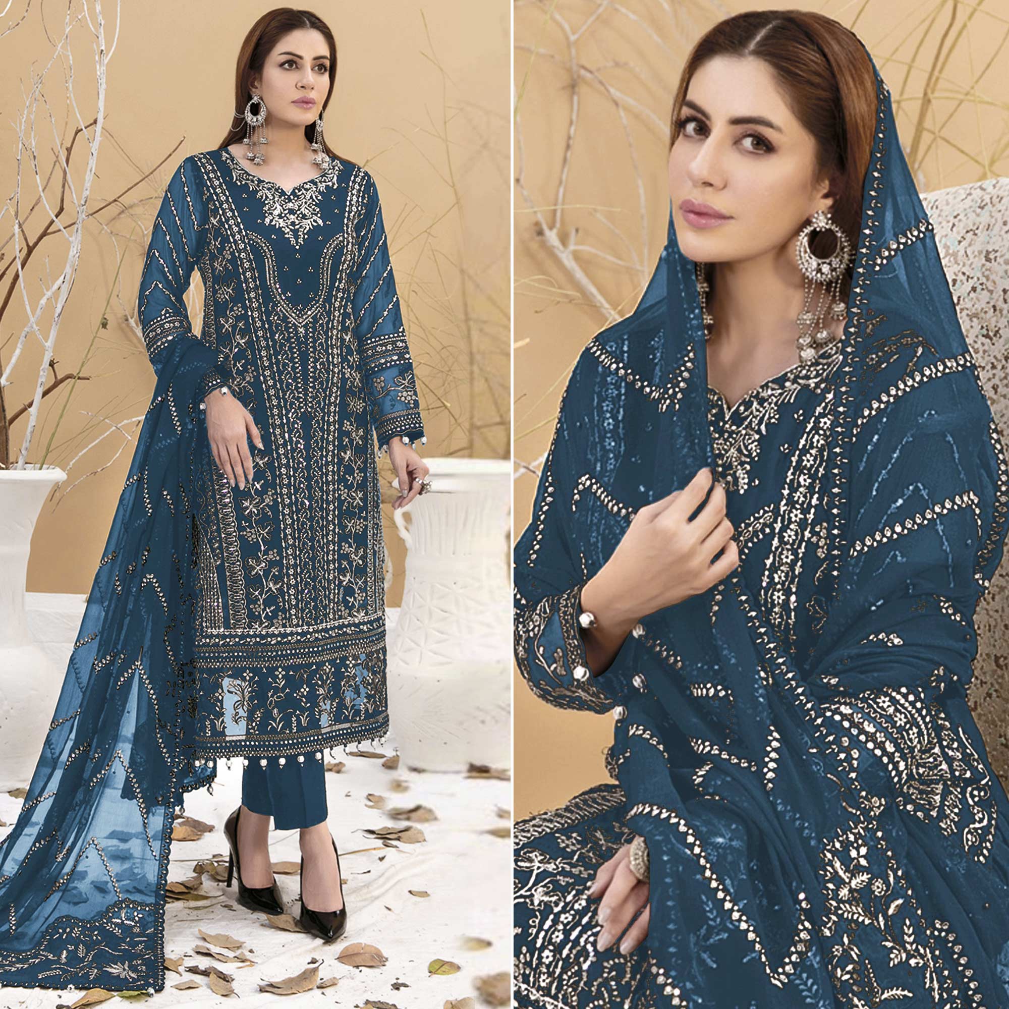 Blue Floral Embroidered Georgette Semi Stitched Pakistani Suit