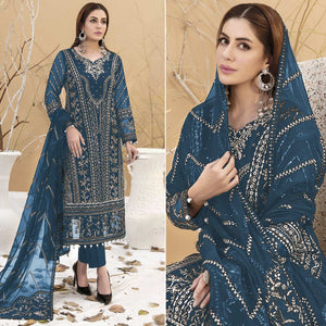 Blue Floral Embroidered Georgette Semi Stitched Pakistani Suit