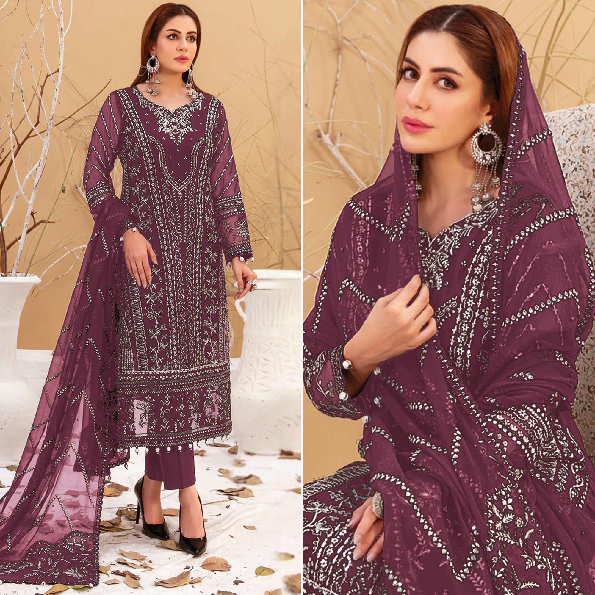 Wine Floral Embroidered Georgette Semi Stitched Pakistani Suit