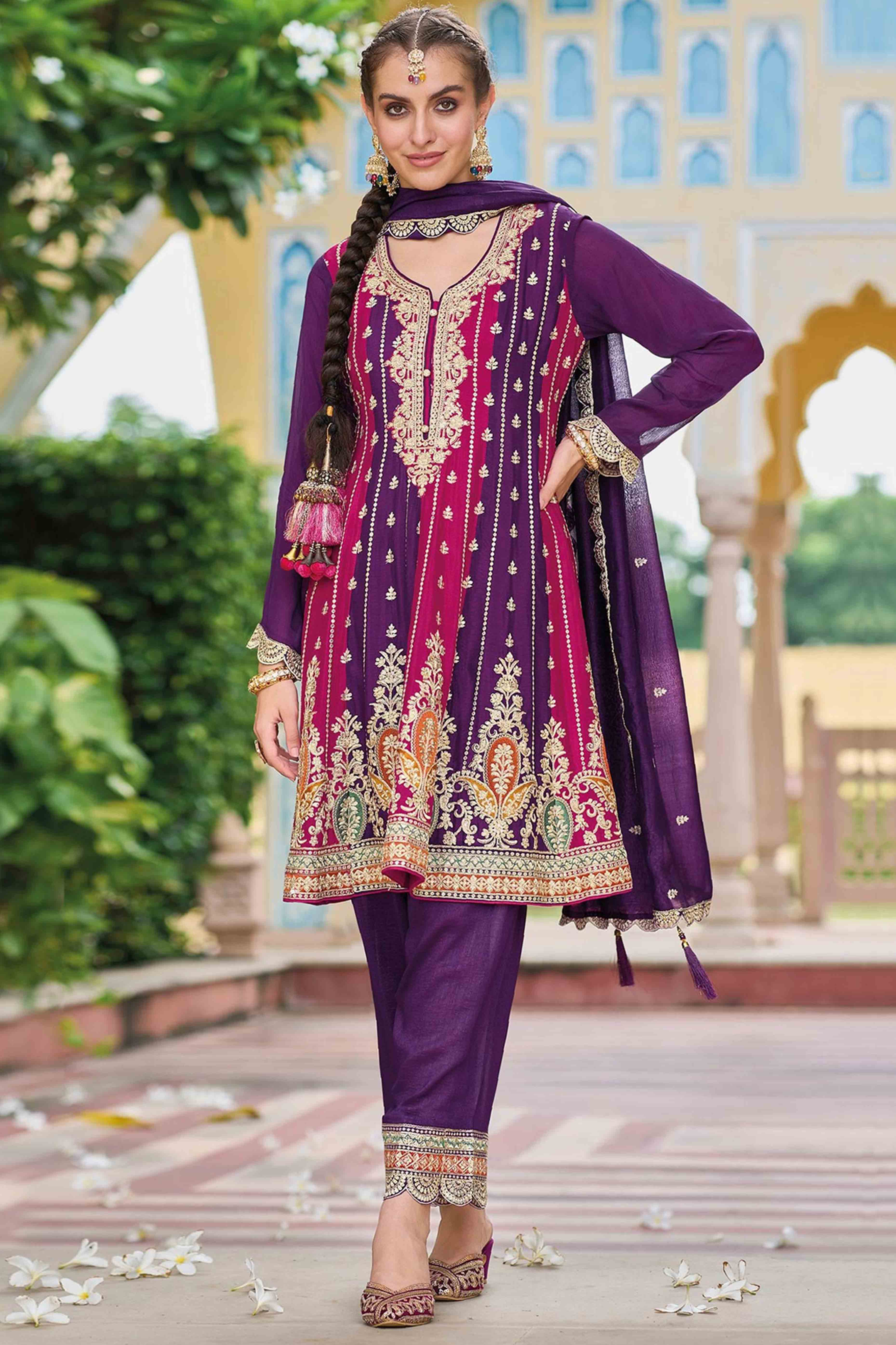 Purple Floral Embroidered Art Silk Free Size Stitched Anarkali Suit