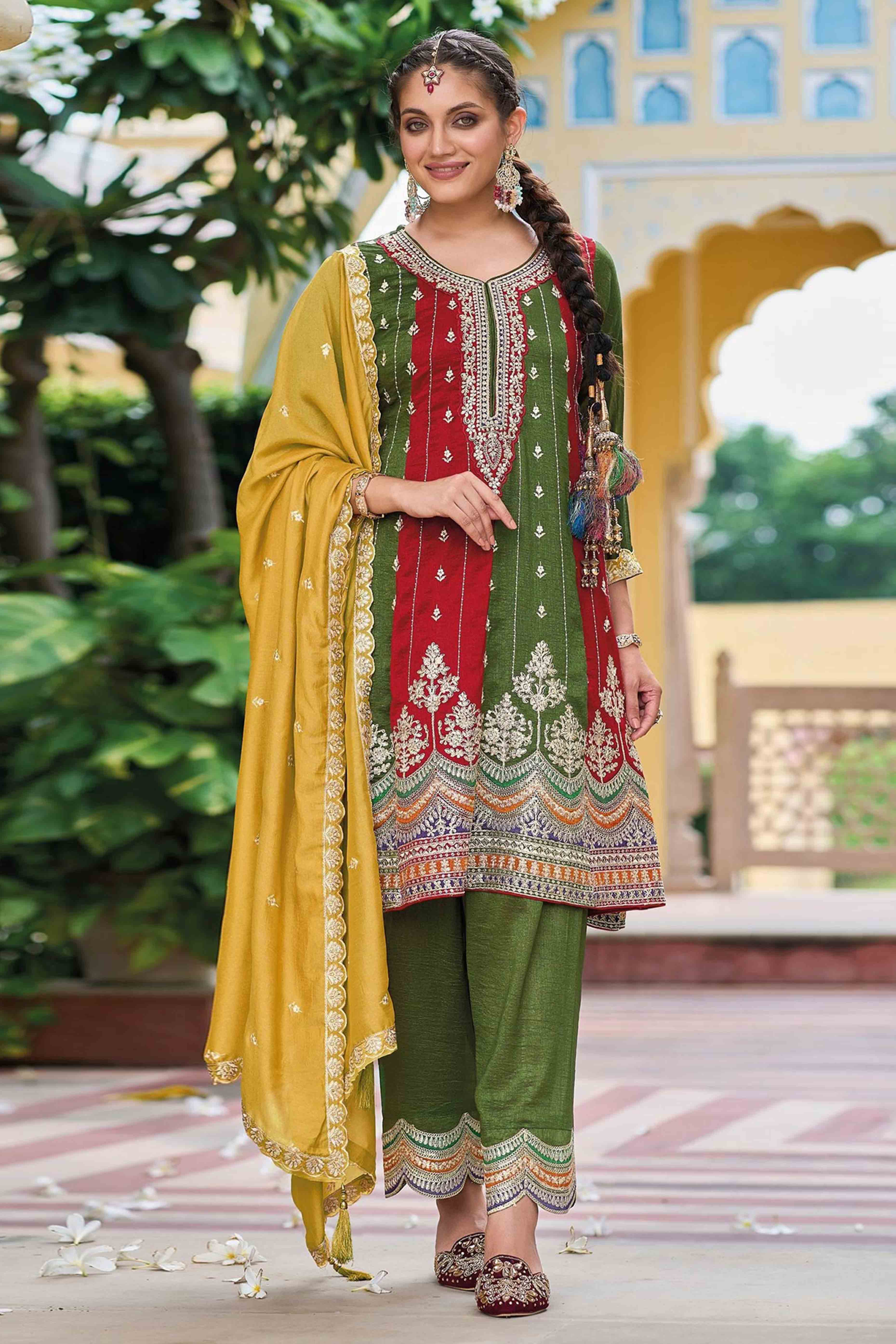 Green Floral Embroidered Art Silk Free Size Stitched Anarkali Suit