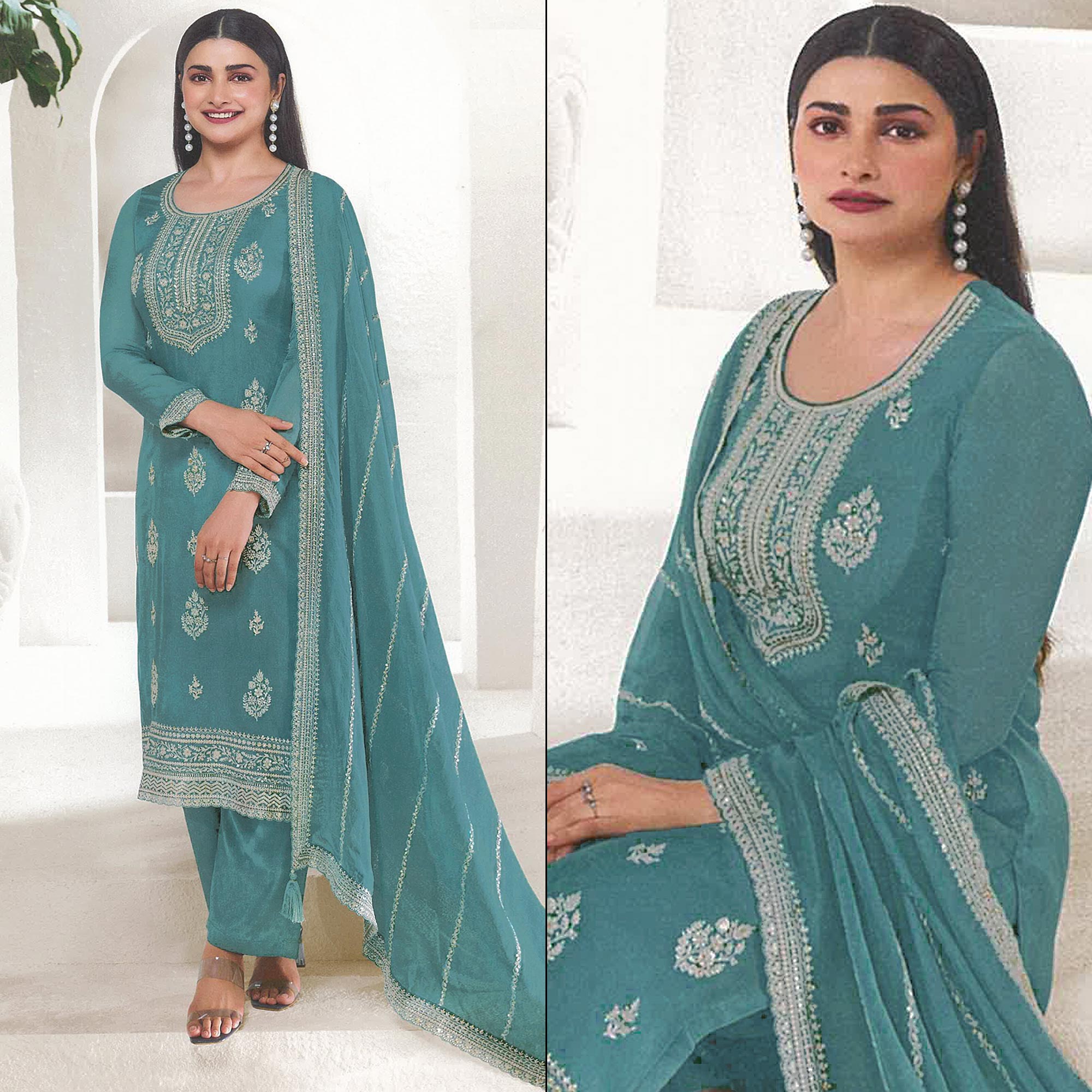 Blue Floral Embroidered Organza Semi Stitched Salwar Suit