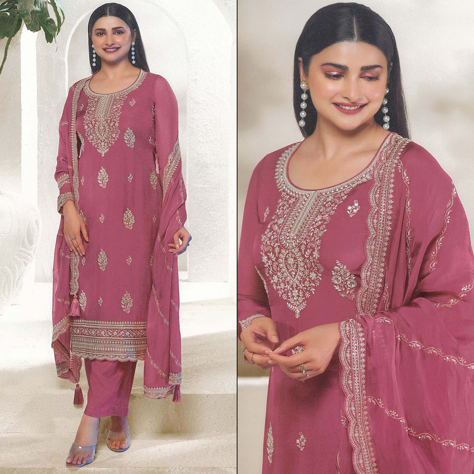 Pink Floral Embroidered Organza Semi Stitched Salwar Suit