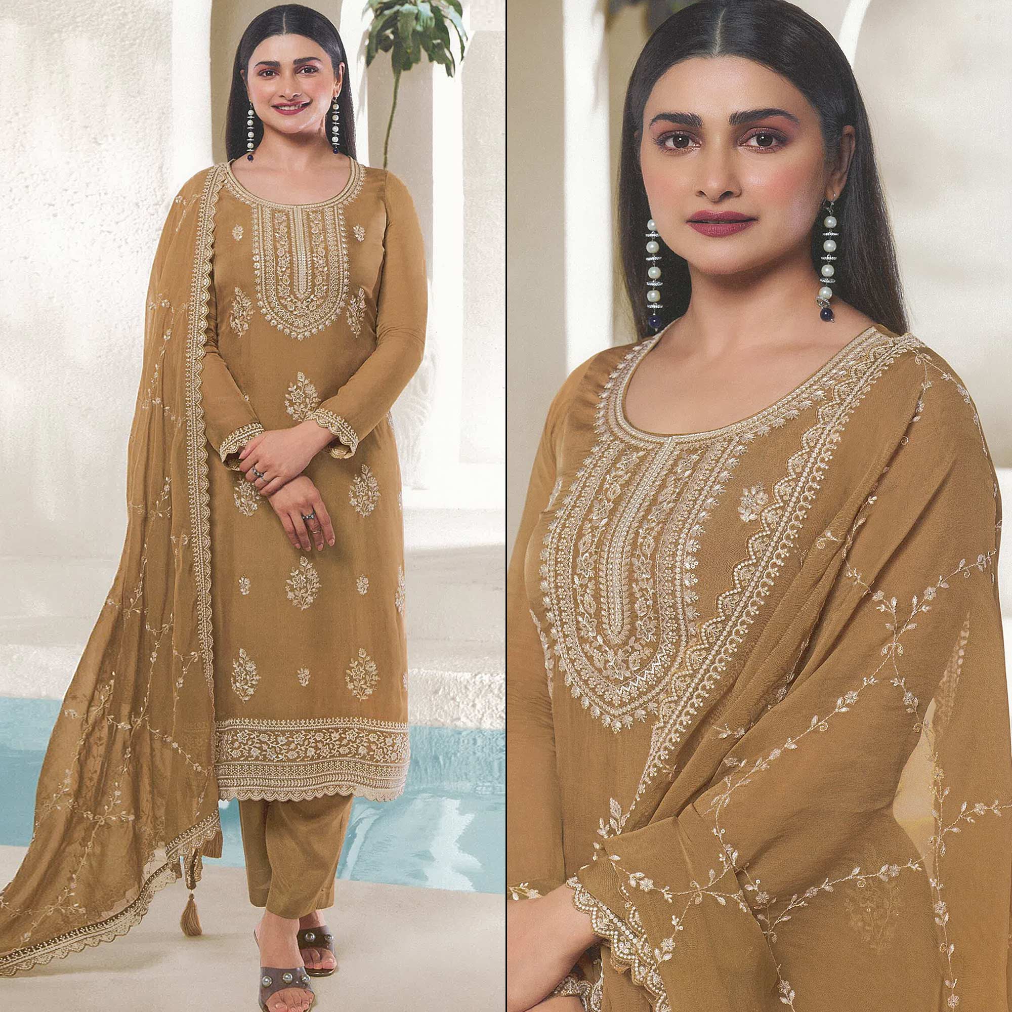 Light Brown Floral Embroidered Organza Semi Stitched Salwar Suit