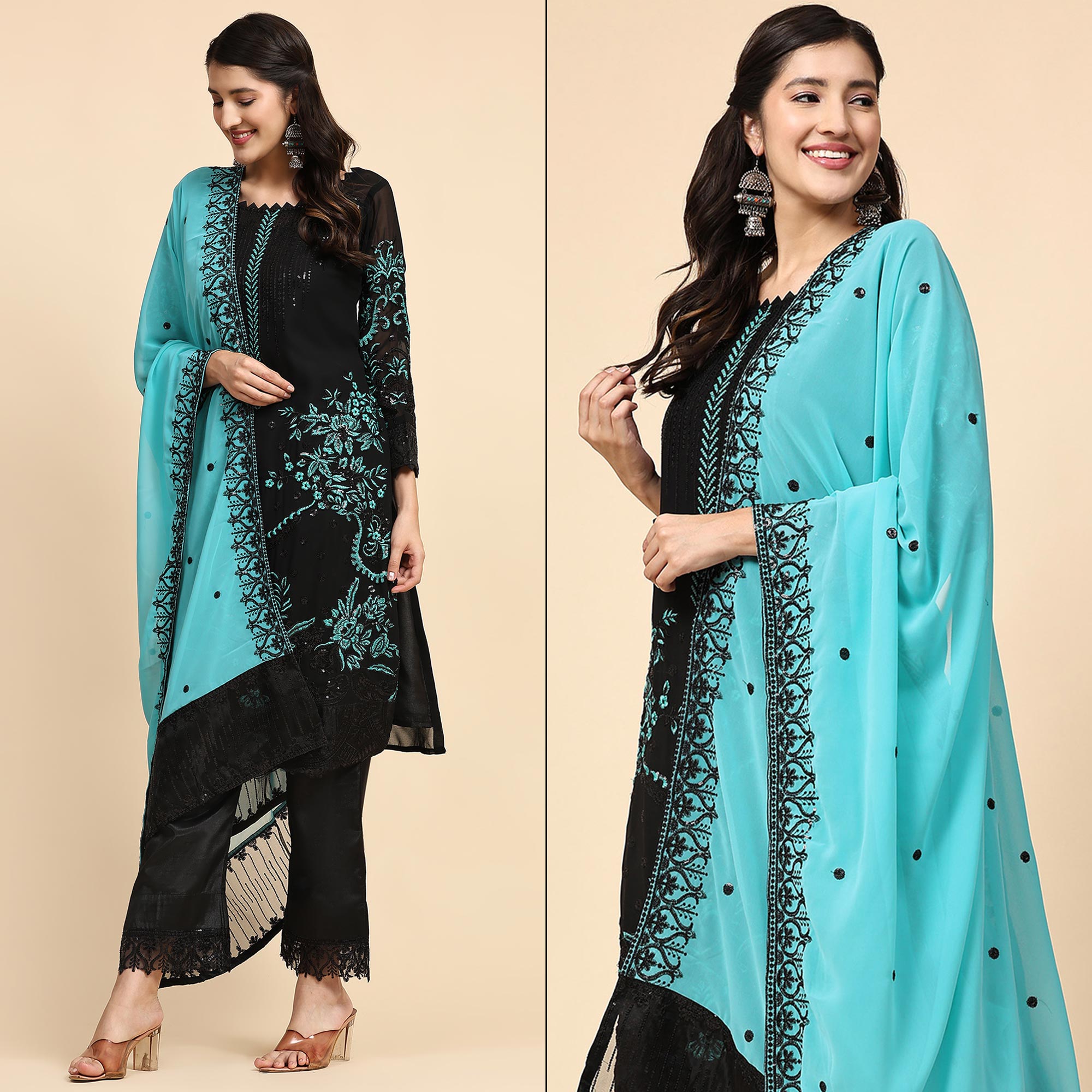 Black & Blue Floral Embroidered Georgette Semi Stitched Pakistani Suit