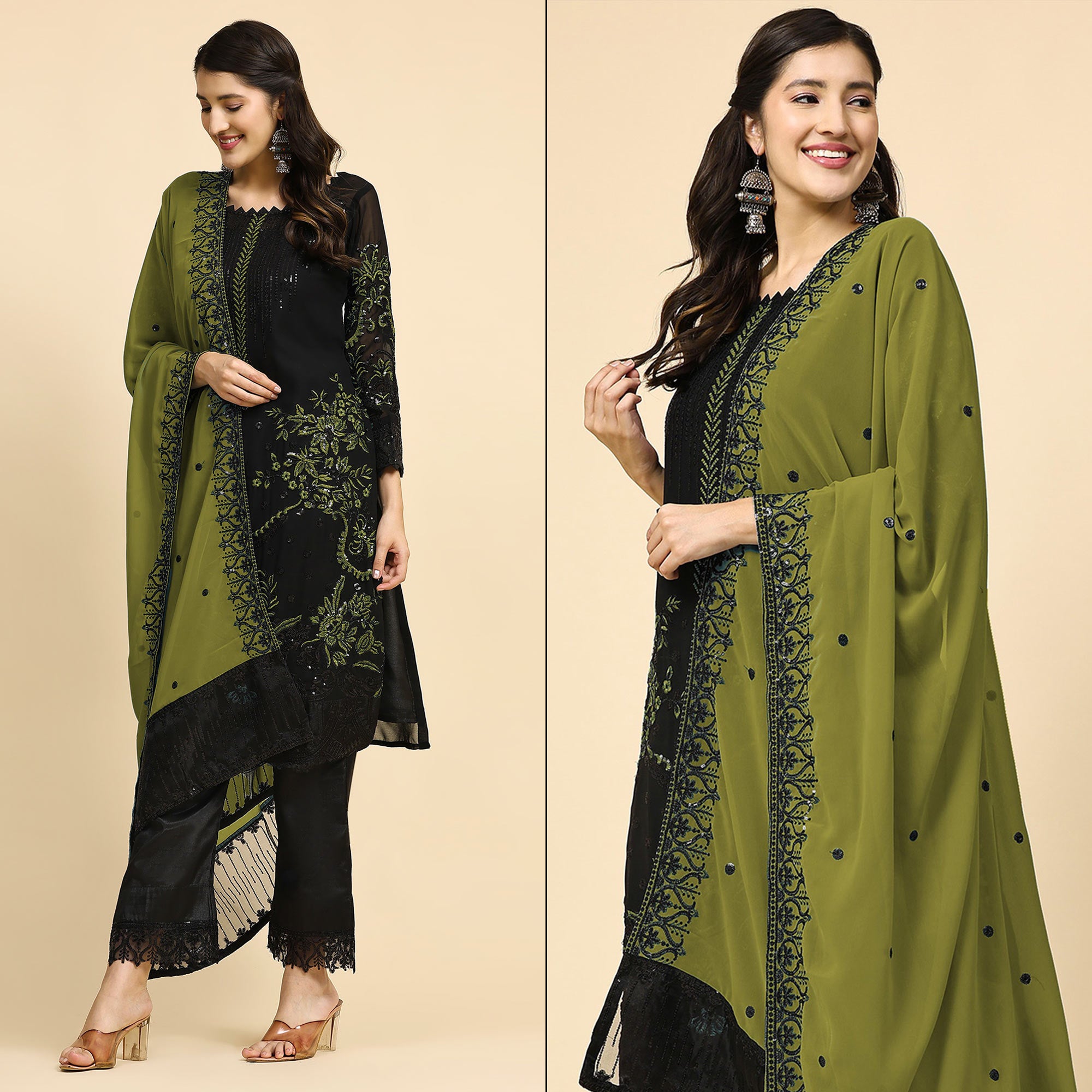 Black & Green Floral Embroidered Georgette Semi Stitched Pakistani Suit