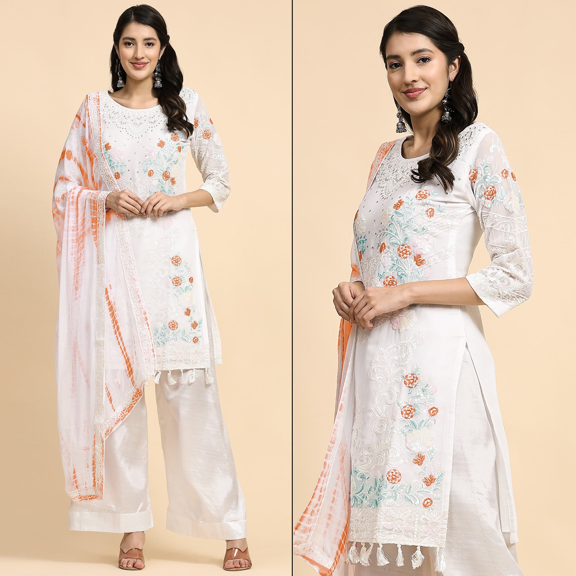White & Orange Floral Sequins Embroidered Georgette Semi Stitched Pakistani Suit