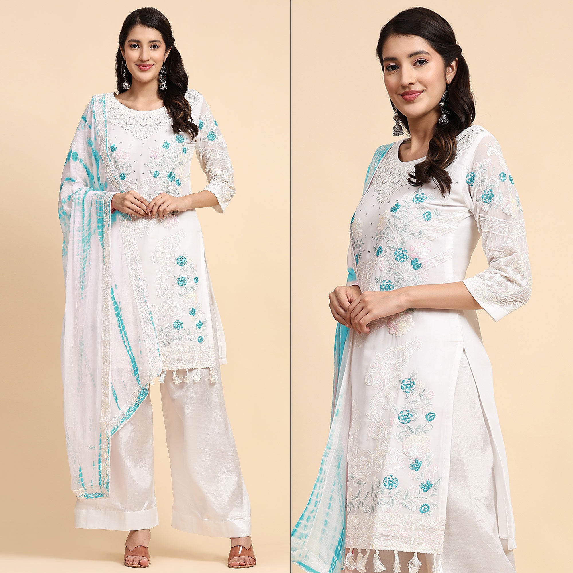 White & Blue Floral Sequins Embroidered Georgette Semi Stitched Pakistani Suit