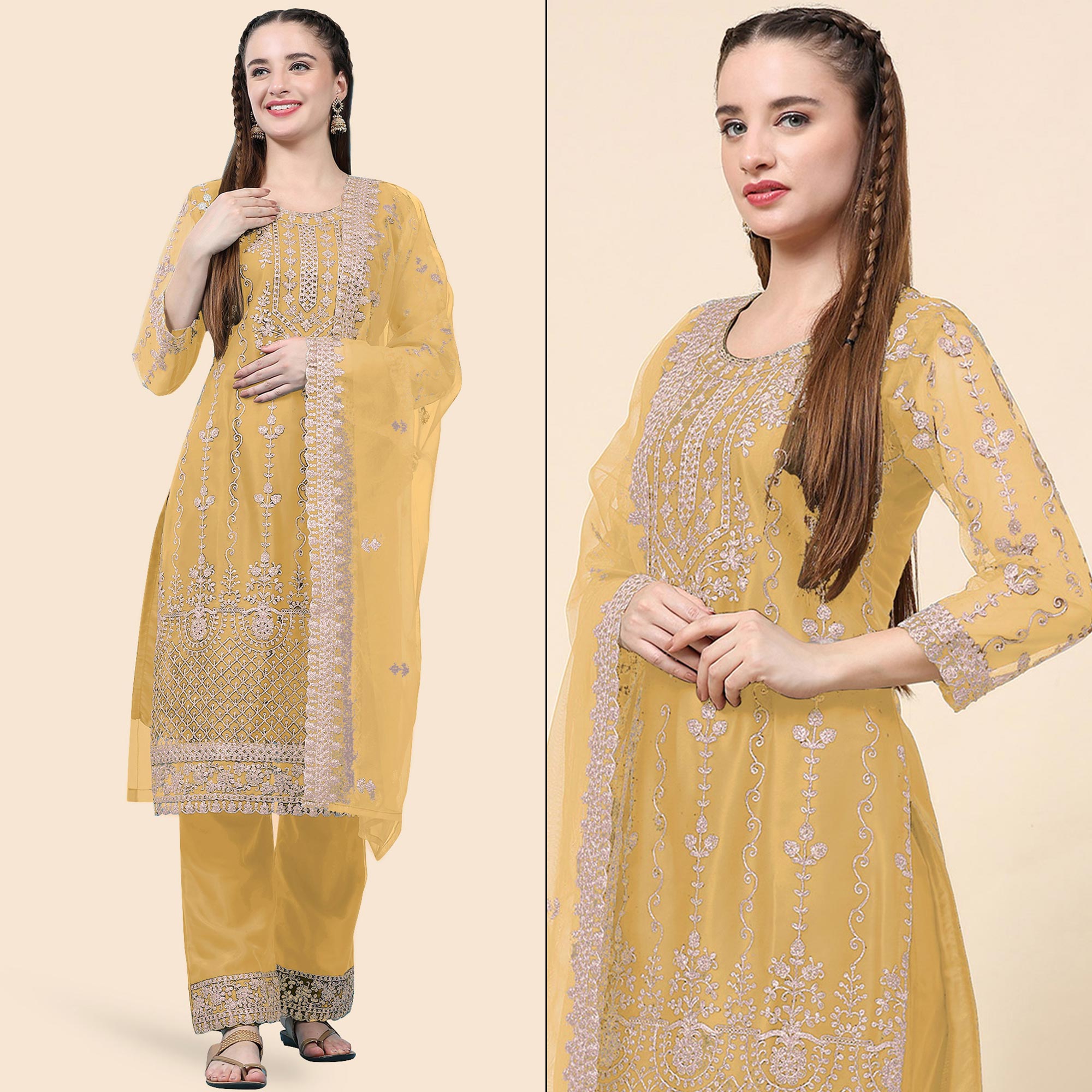 Yellow Sequins Embroidered Net Semi Stitched Pakistani Suit