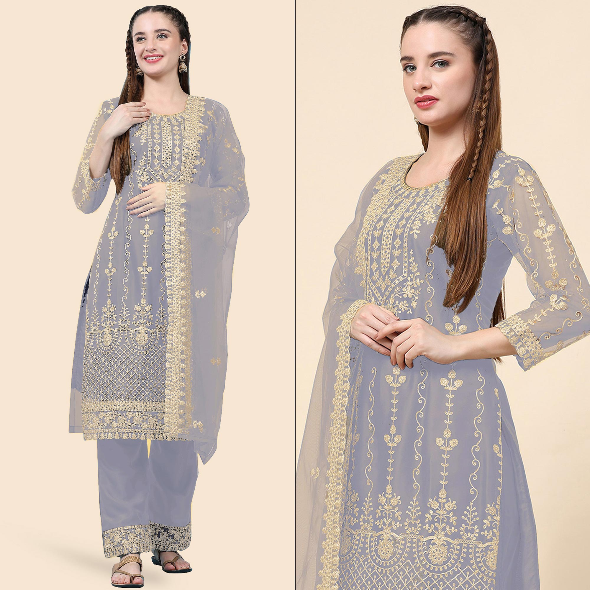Grey Sequins Embroidered Net Semi Stitched Pakistani Suit