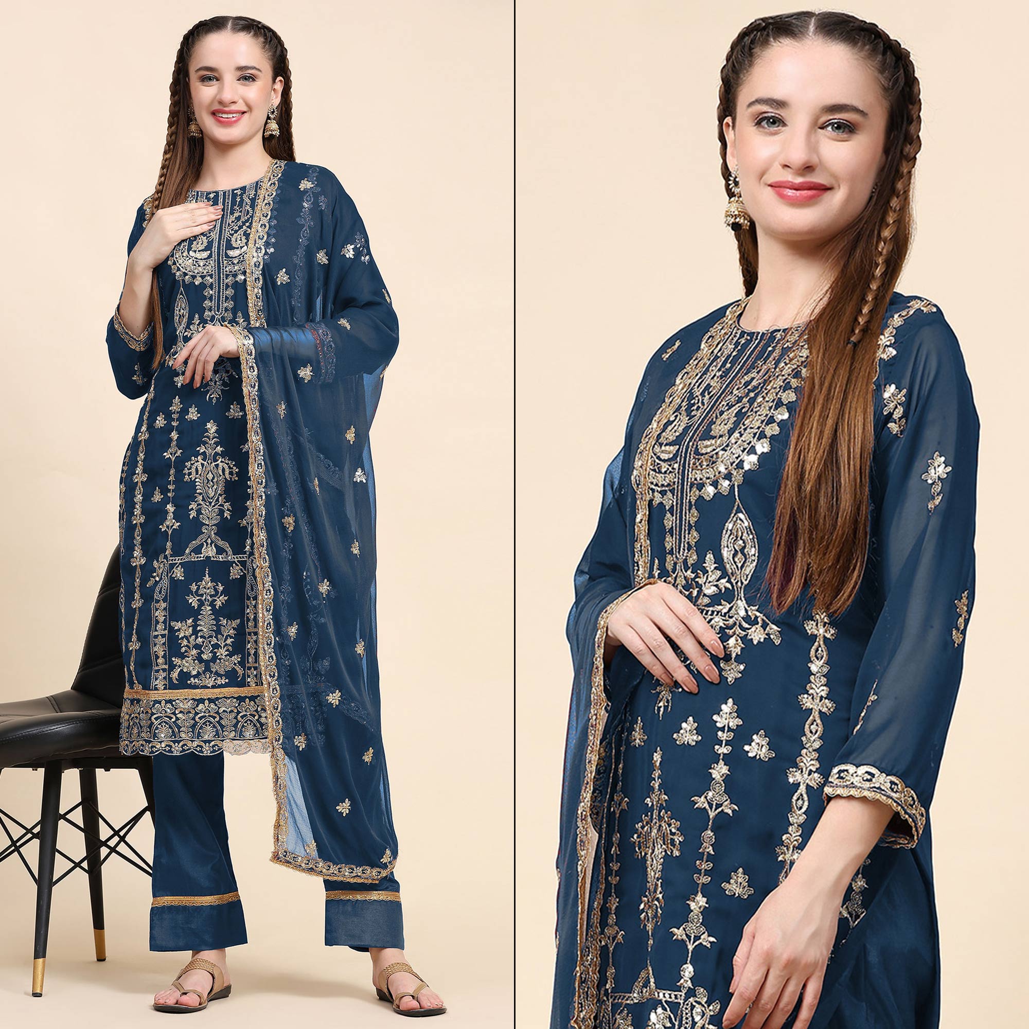Blue Sequins Embroidered Georgette Semi Stitched Pakistani Suit