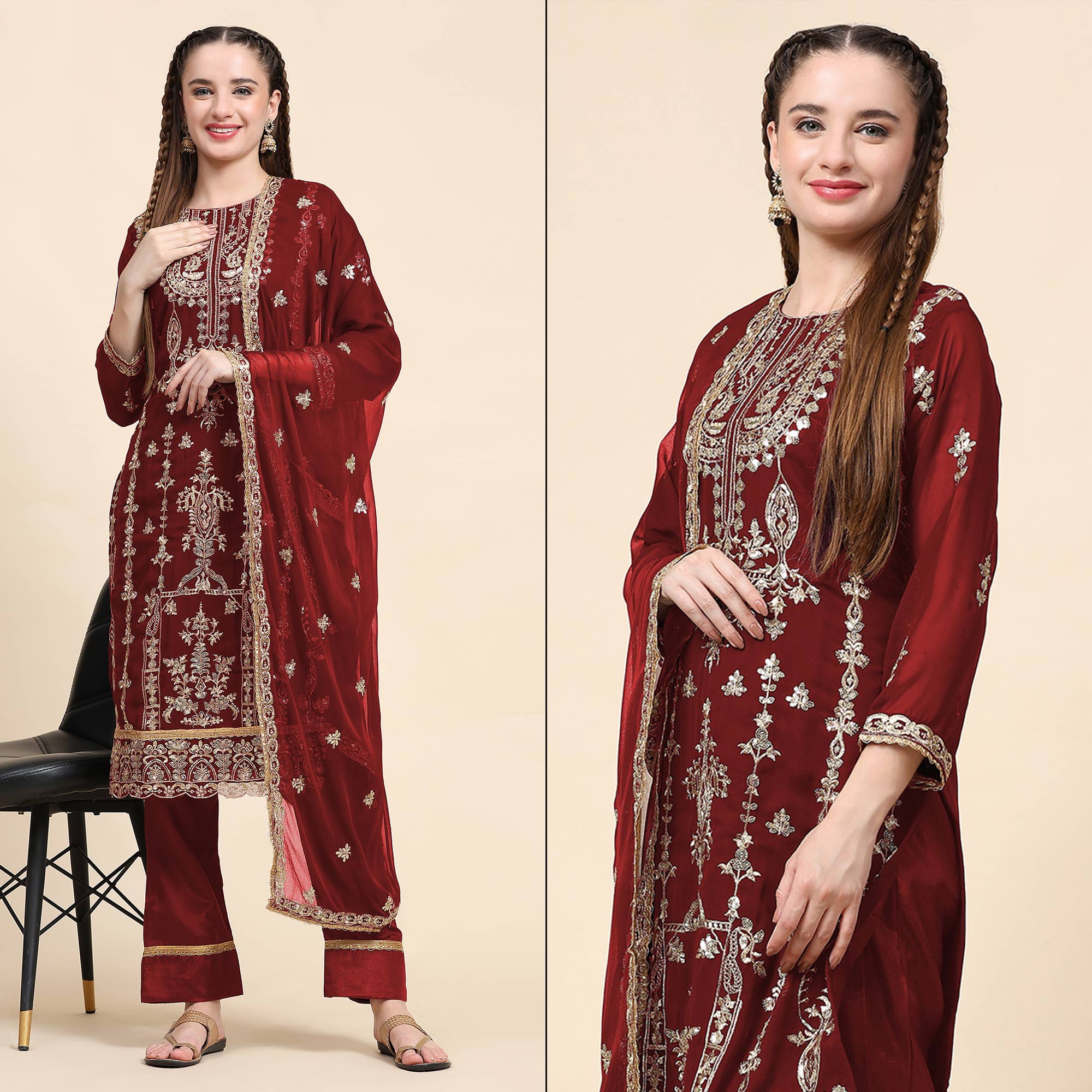 Maroon Sequins Embroidered Georgette Semi Stitched Pakistani Suit