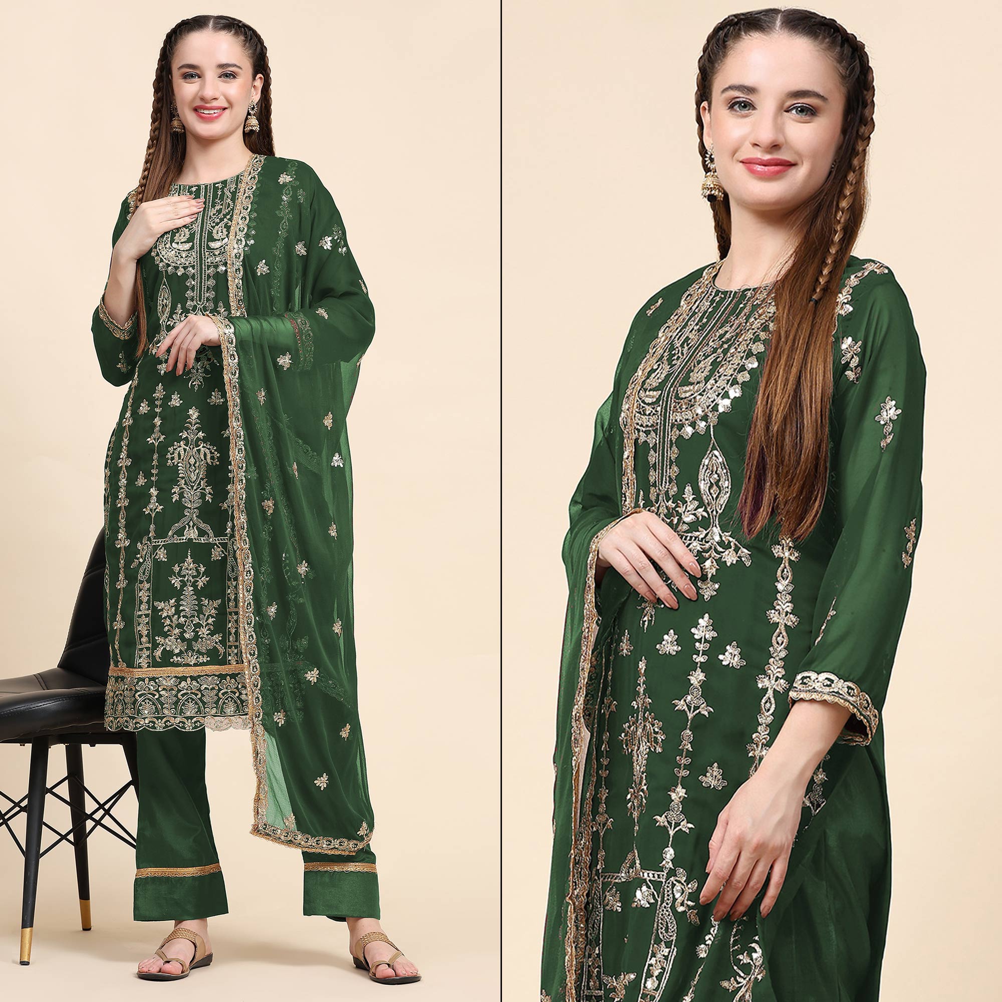 Green Sequins Embroidered Georgette Semi Stitched Pakistani Suit
