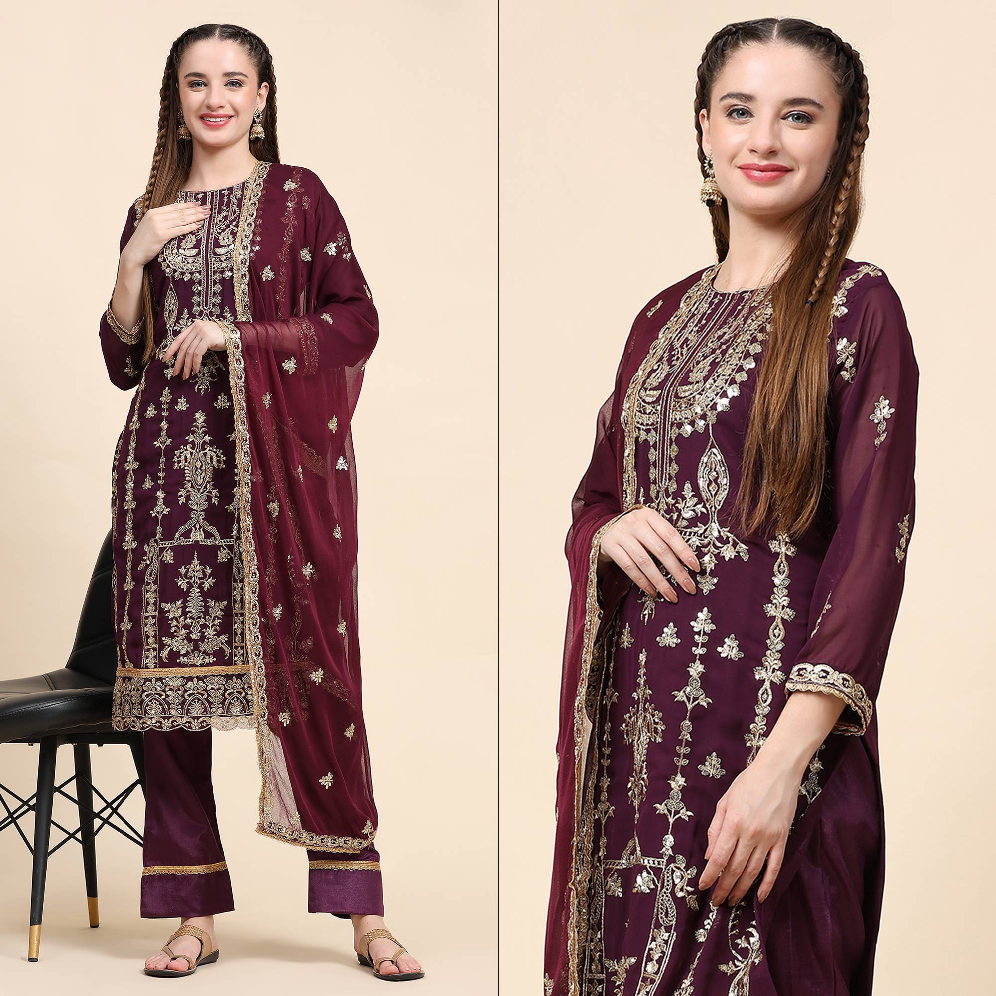 Purple Sequins Embroidered Georgette Semi Stitched Pakistani Suit