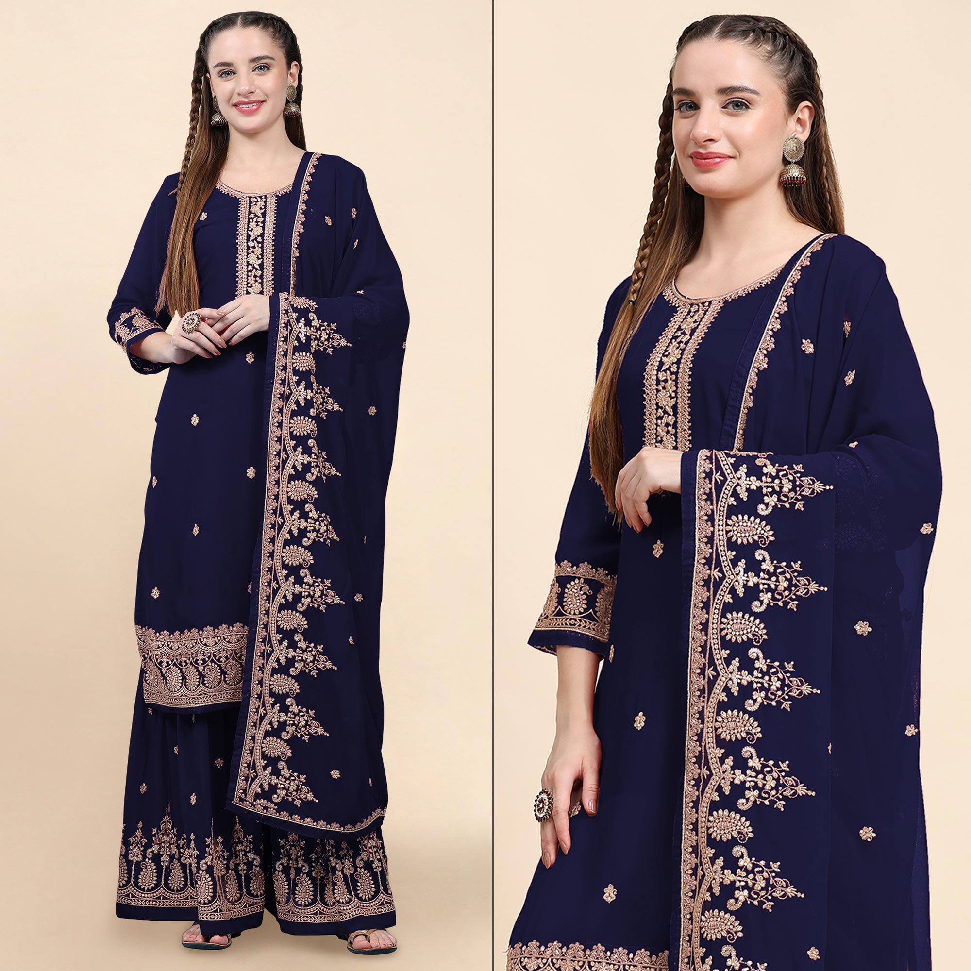 Blue Floral Embroidered Georgette Semi Stitched Suit