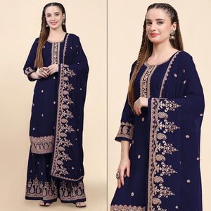 Blue Floral Embroidered Georgette Semi Stitched Suit