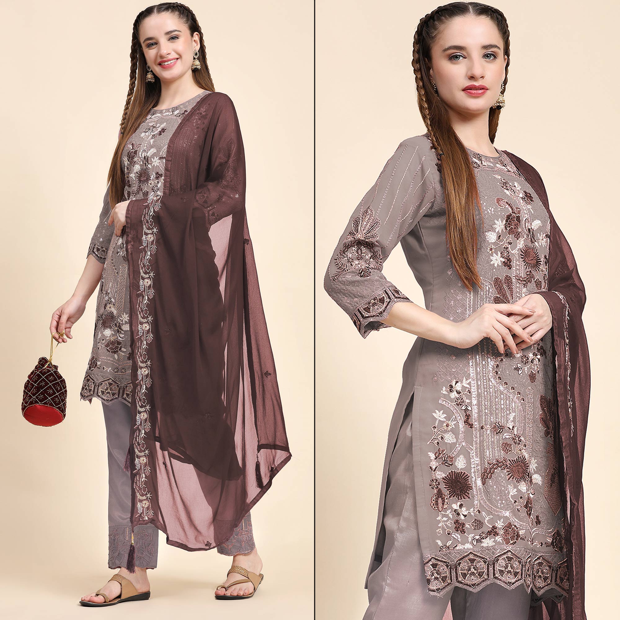 Brown Floral Embroidered Georgette Semi Stitched Pakistani Suit