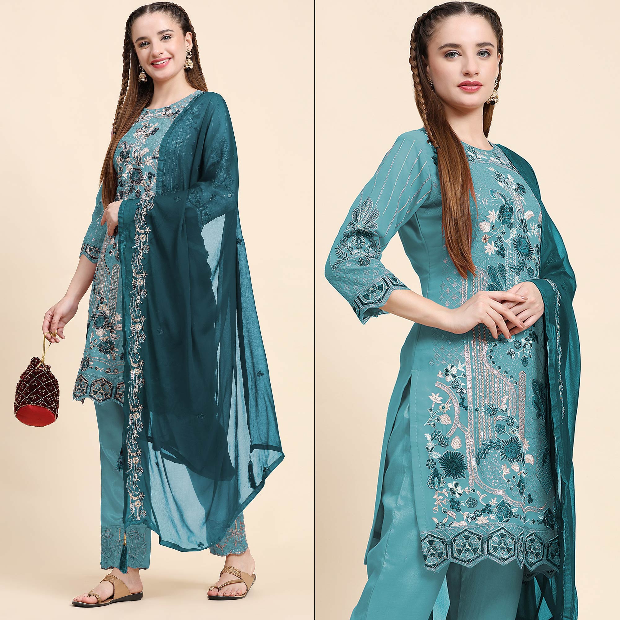 Sky Blue Floral Embroidered Georgette Semi Stitched Pakistani Suit