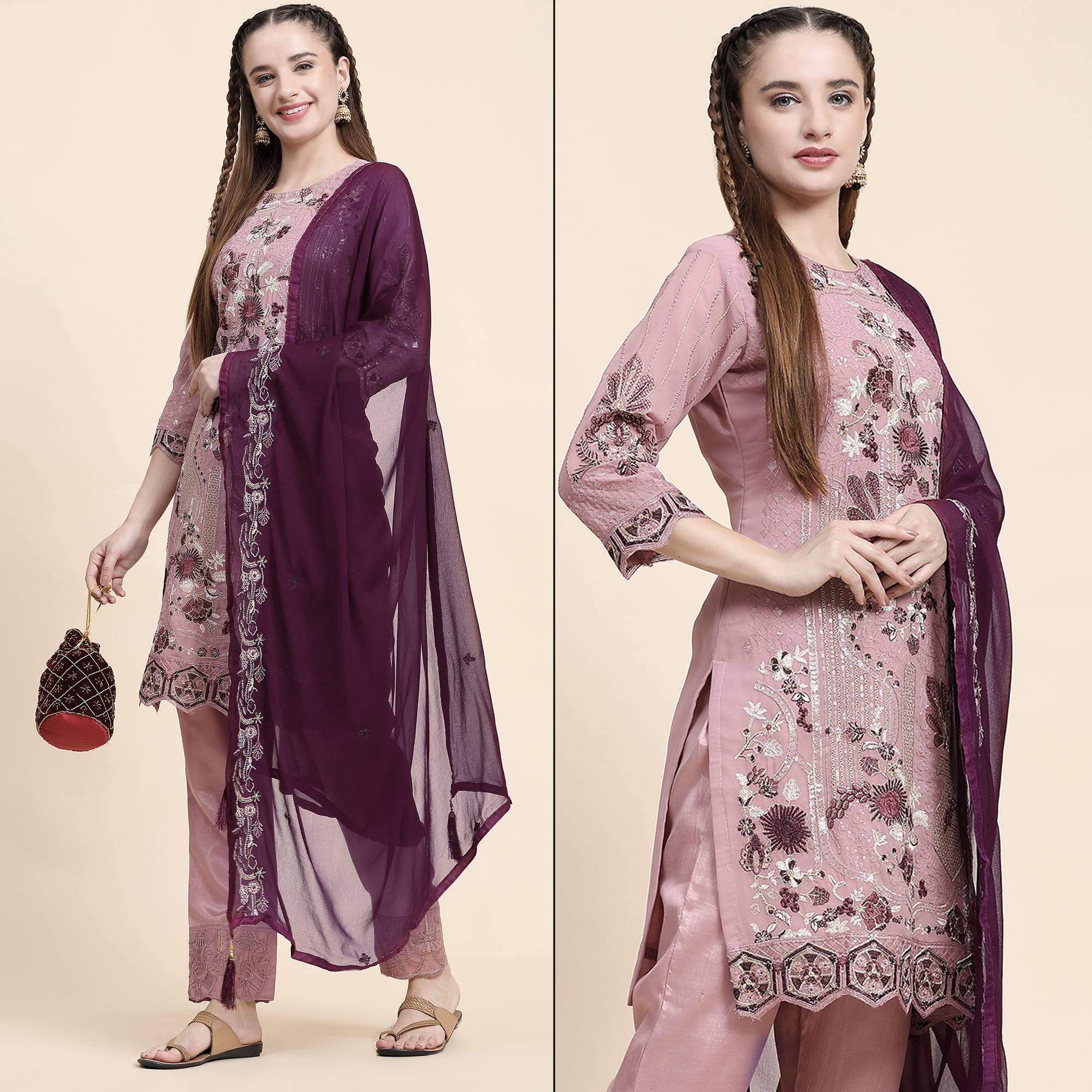 Pink Floral Embroidered Georgette Semi Stitched Pakistani Suit