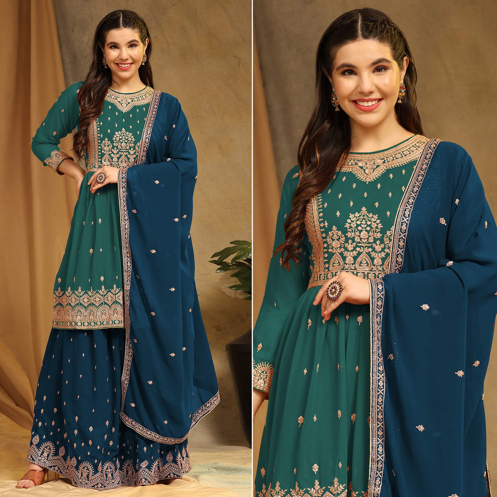 Teal Green Floral Embroidered Georgette Semi Stitched Sharara Suit