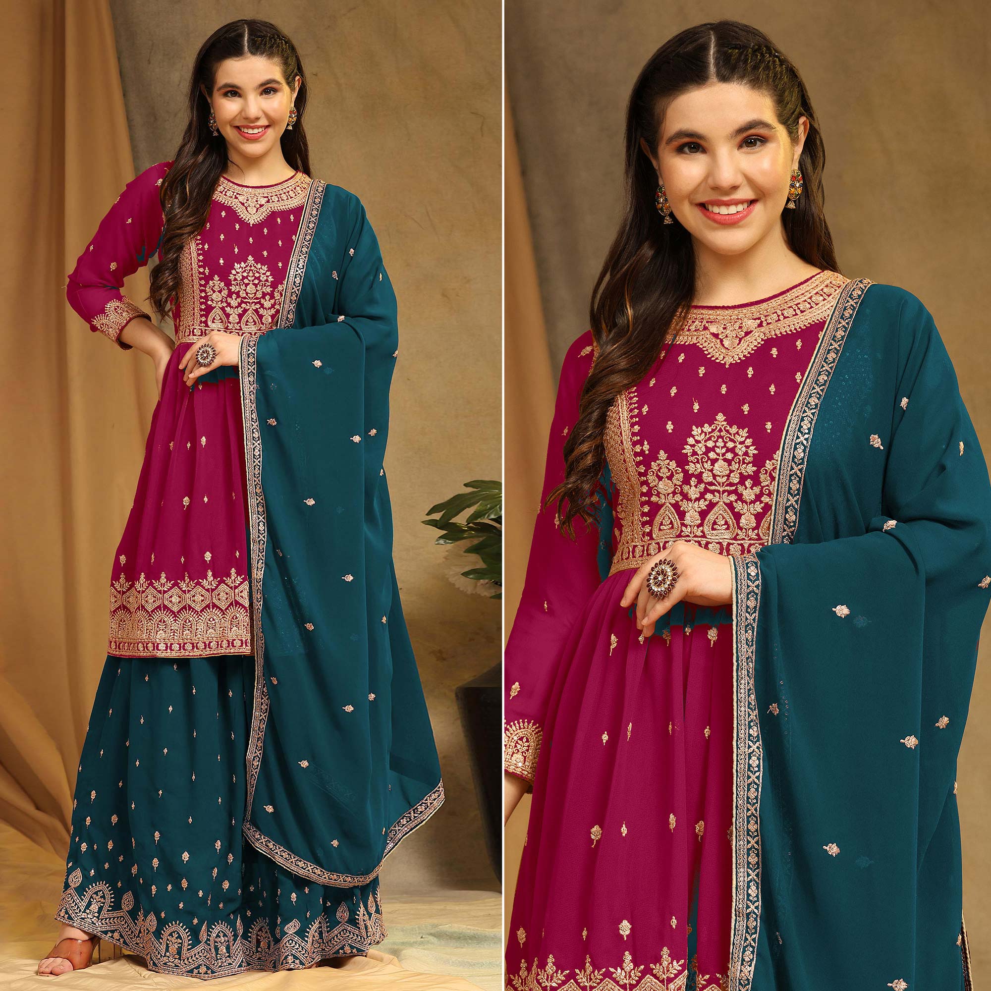 Pink Floral Embroidered Georgette Semi Stitched Sharara Suit