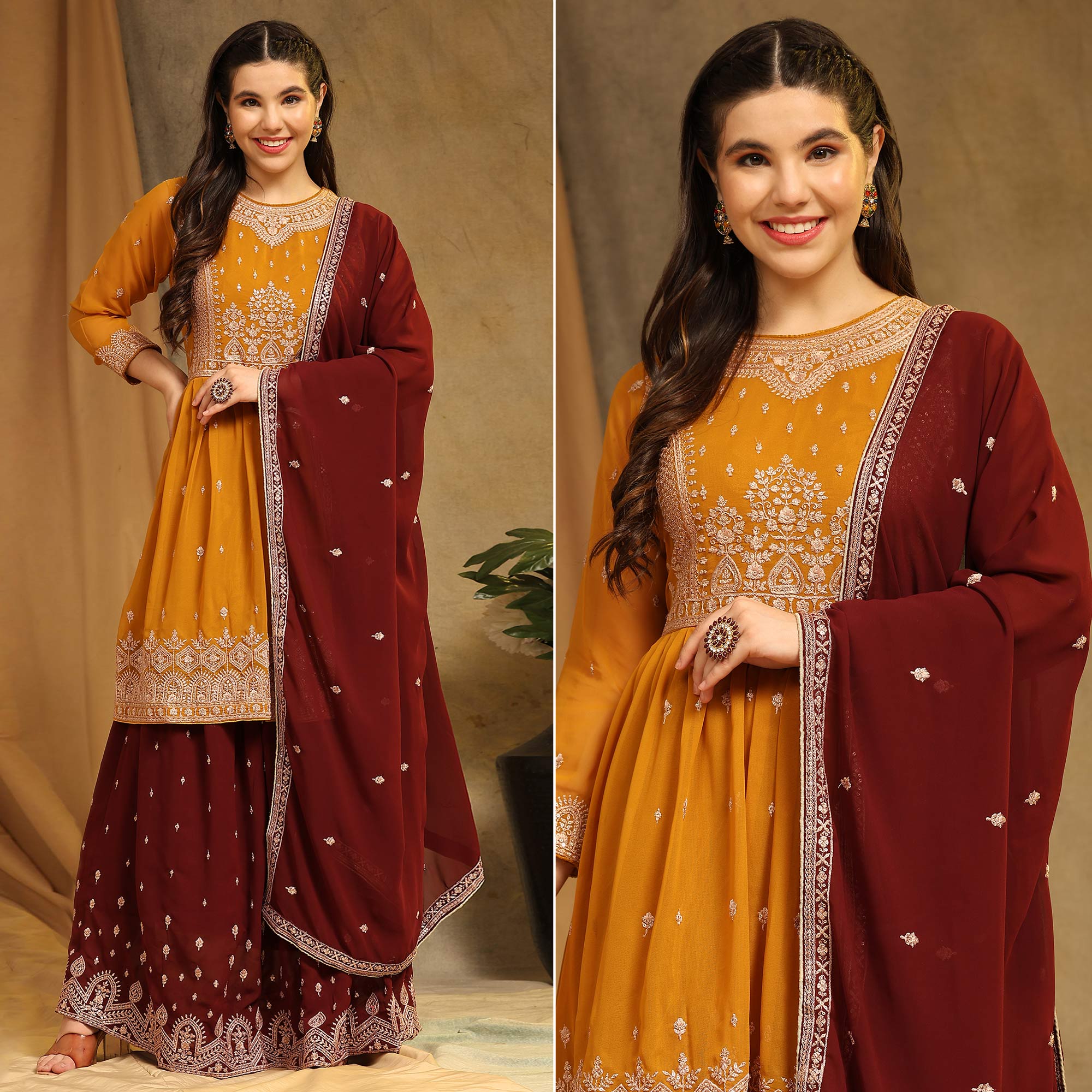 Yellow Floral Embroidered Georgette Semi Stitched Sharara Suit
