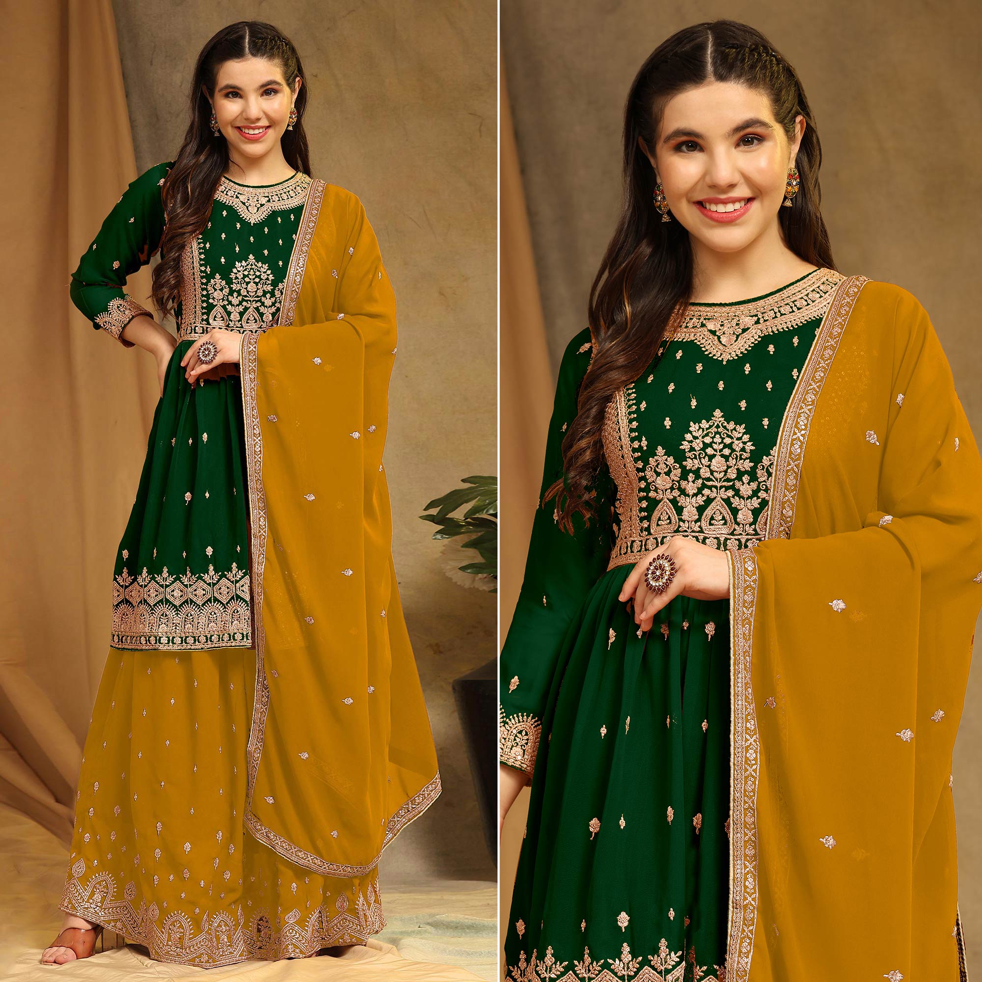 Green Floral Embroidered Georgette Semi Stitched Sharara Suit