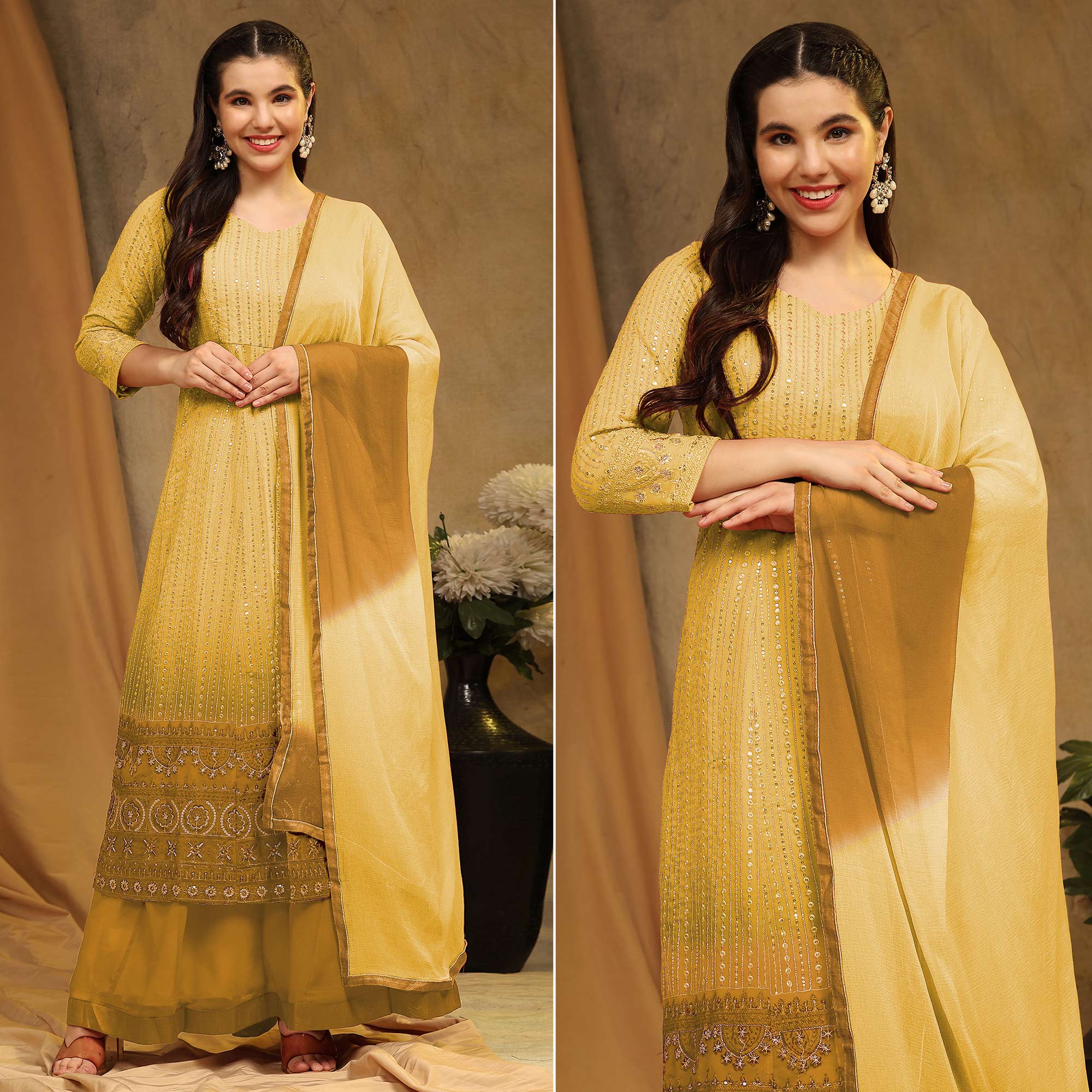 Yellow Sequins Embroidered Georgette Semi Stitched Sharara Suit