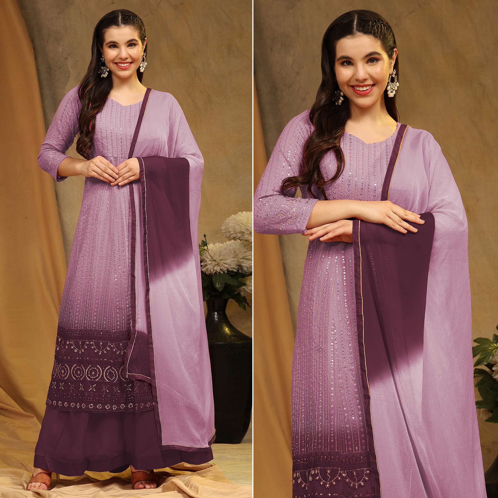 Violet Sequins Embroidered Georgette Semi Stitched Sharara Suit