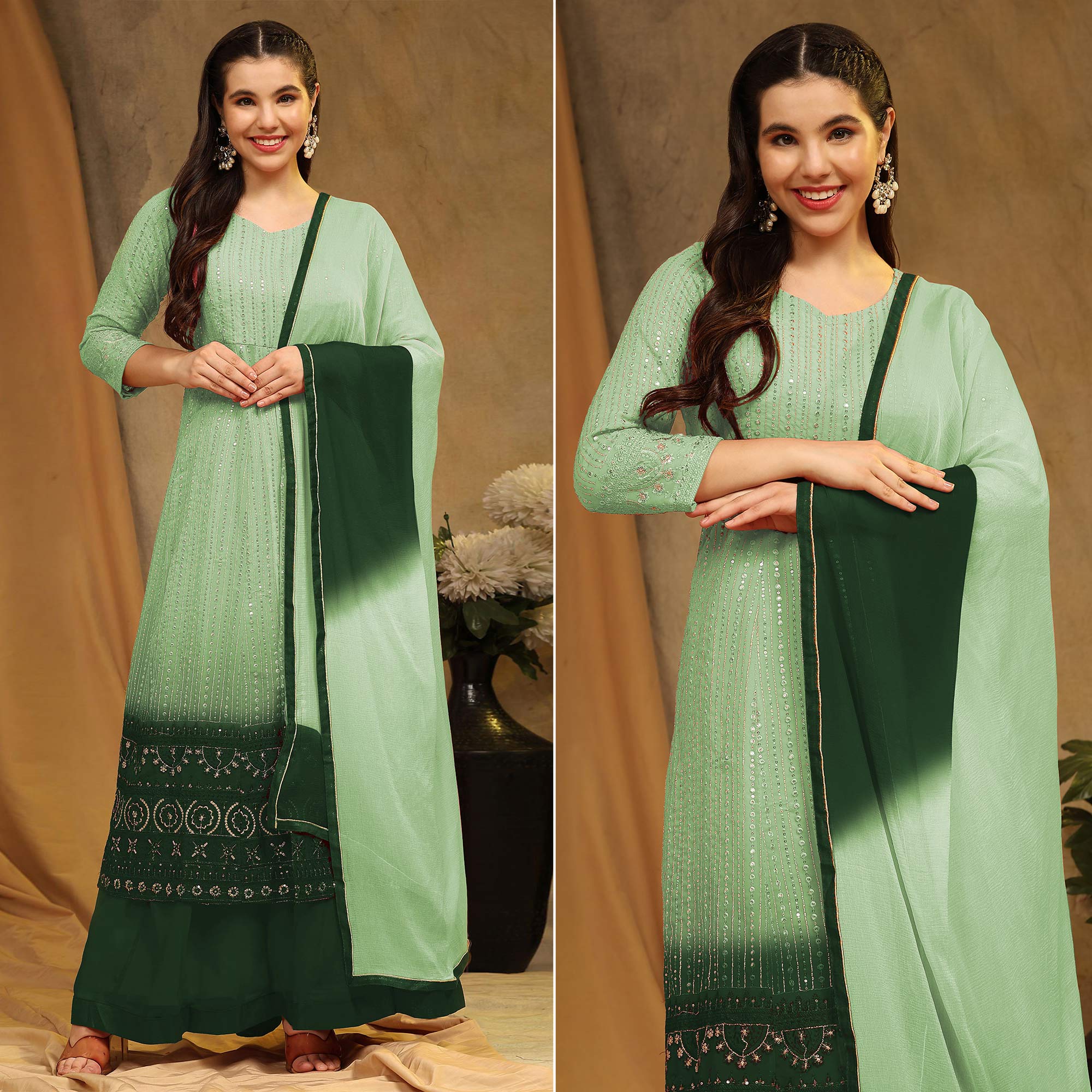 Green Sequins Embroidered Georgette Semi Stitched Sharara Suit