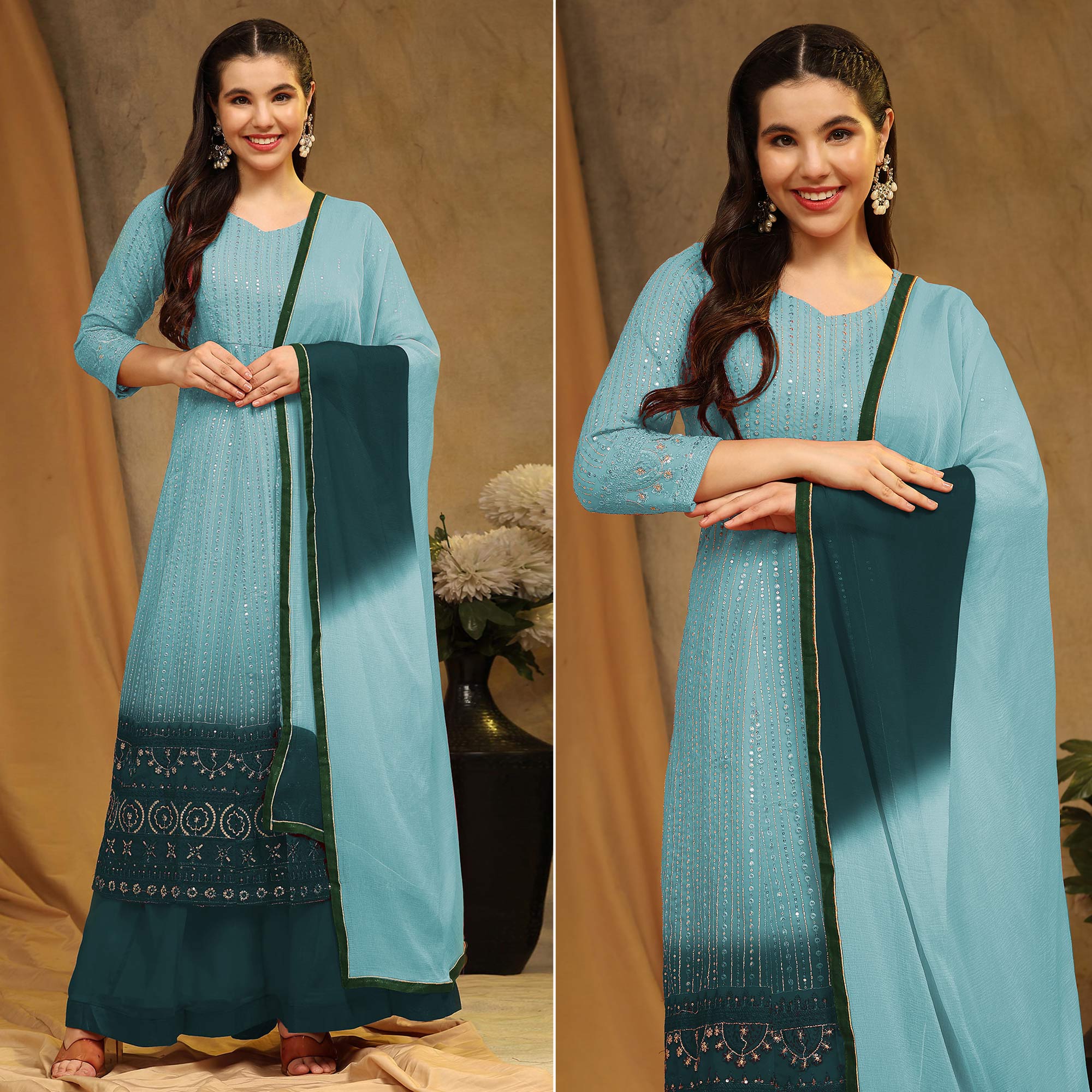 Sky Blue Sequins Embroidered Georgette Semi Stitched Sharara Suit