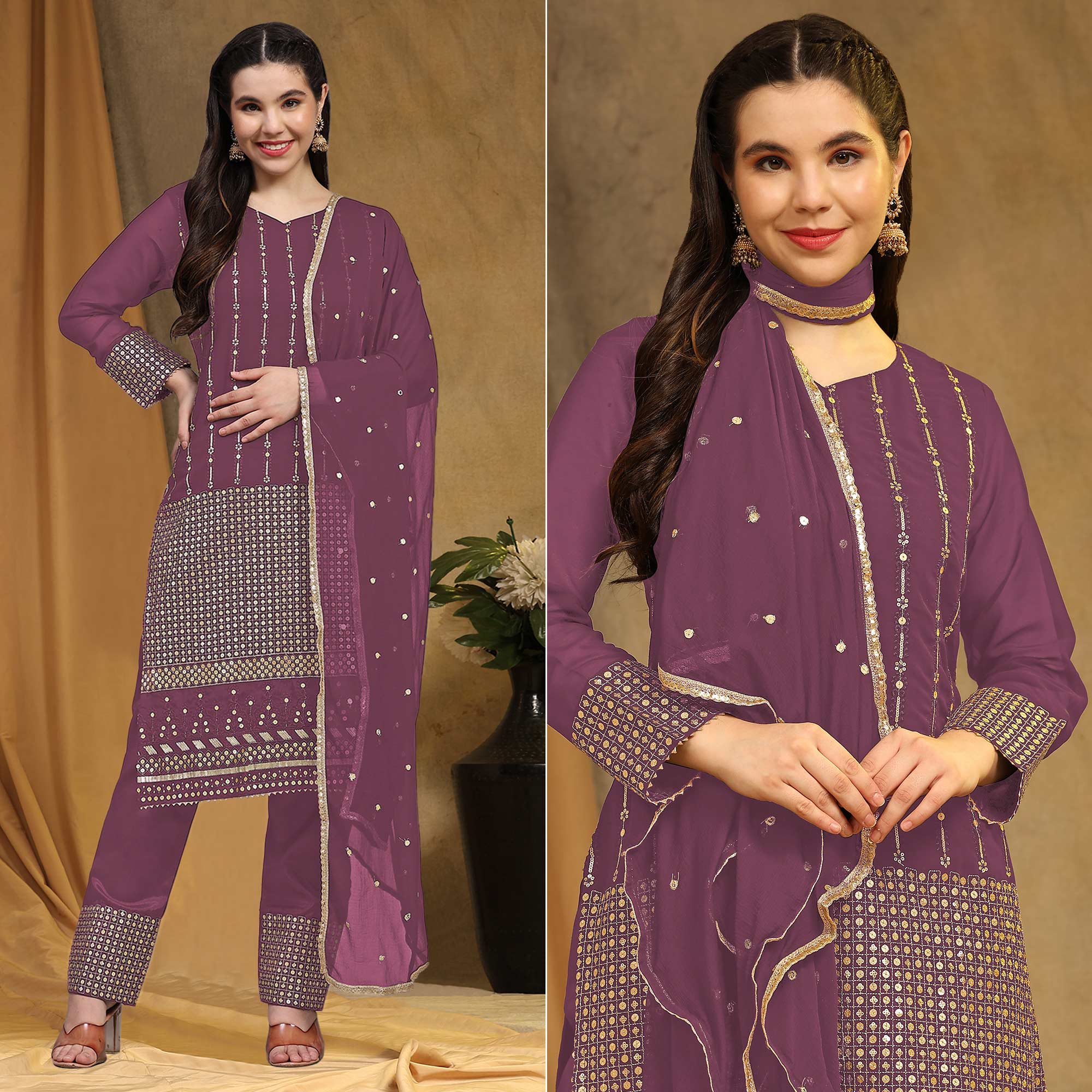 Mauve Sequins Embroidered Georgette Semi Stitched Salwar Suit