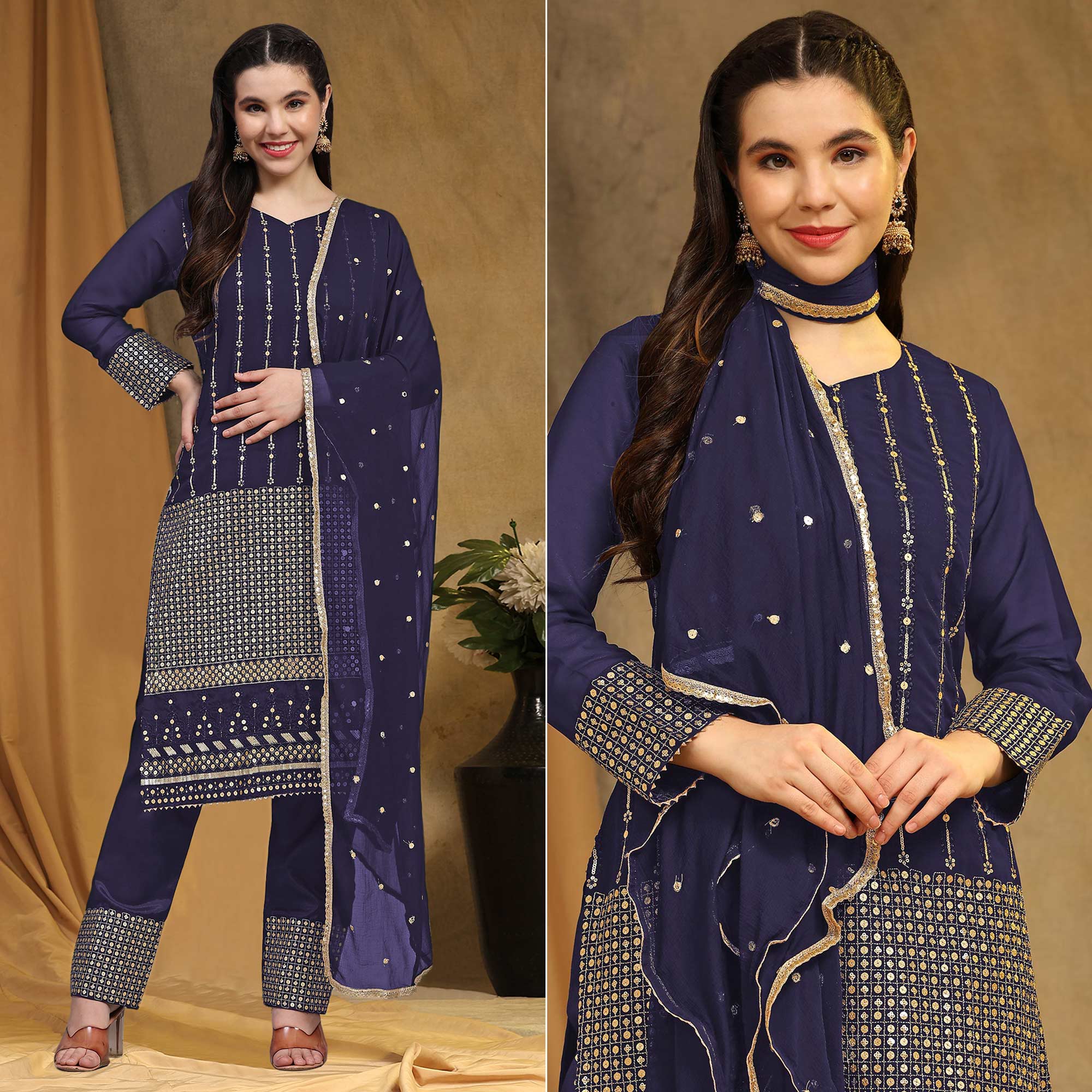 Navy Blue Sequins Embroidered Georgette Semi Stitched Salwar Suit