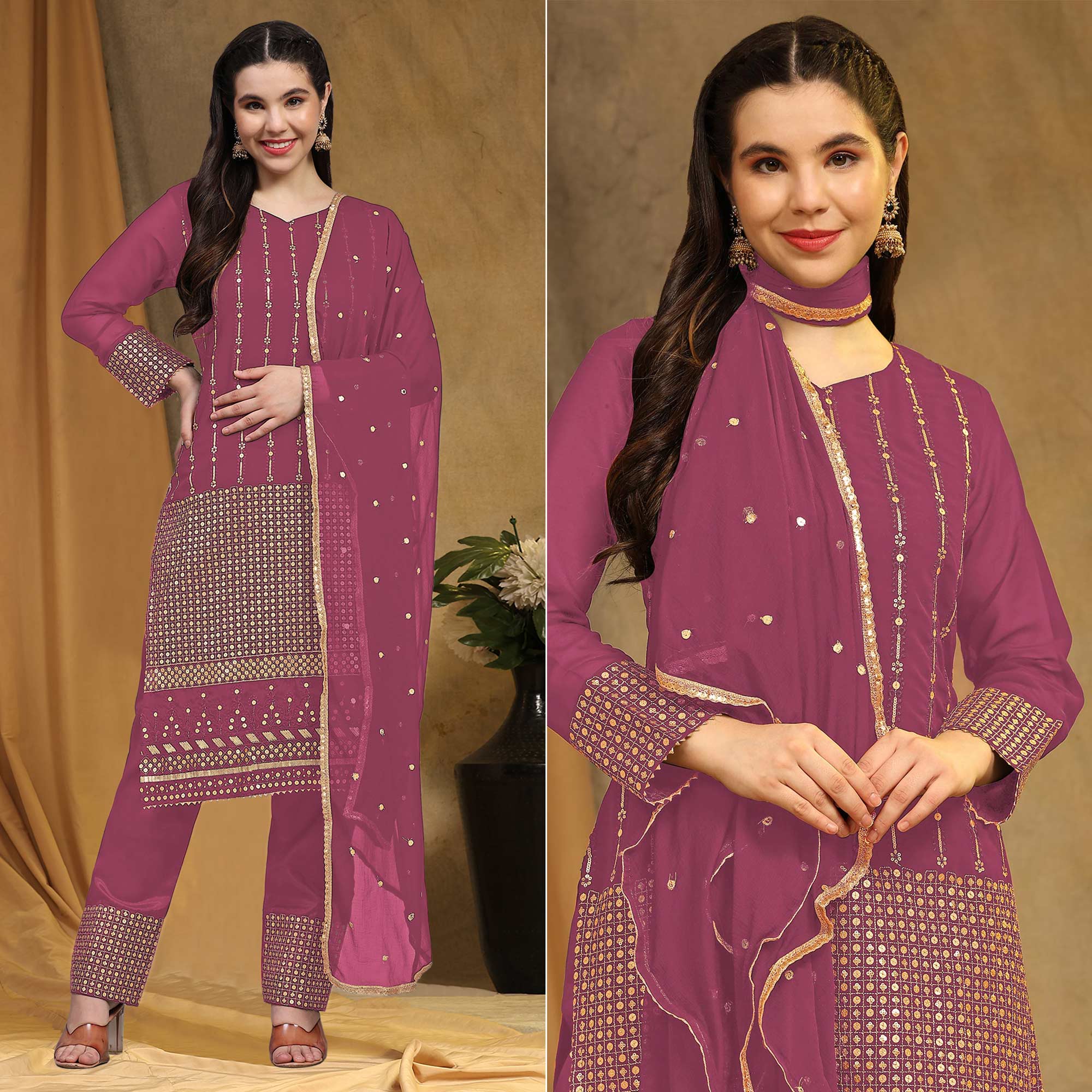 Pink Sequins Embroidered Georgette Semi Stitched Salwar Suit