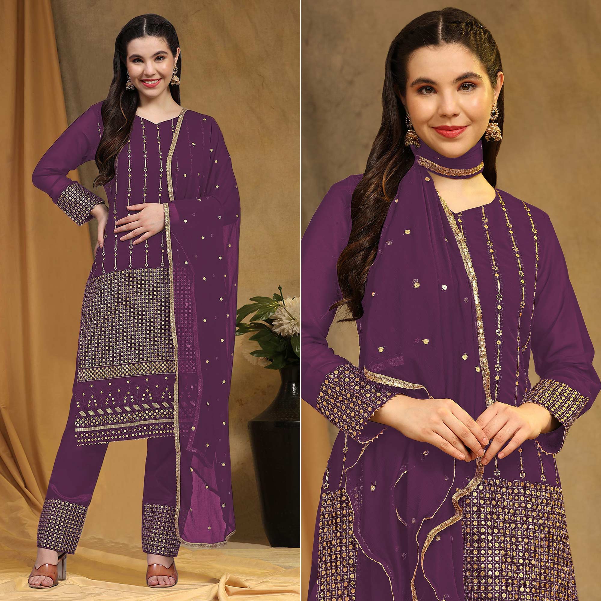 Wine Sequins Embroidered Georgette Semi Stitched Salwar Suit